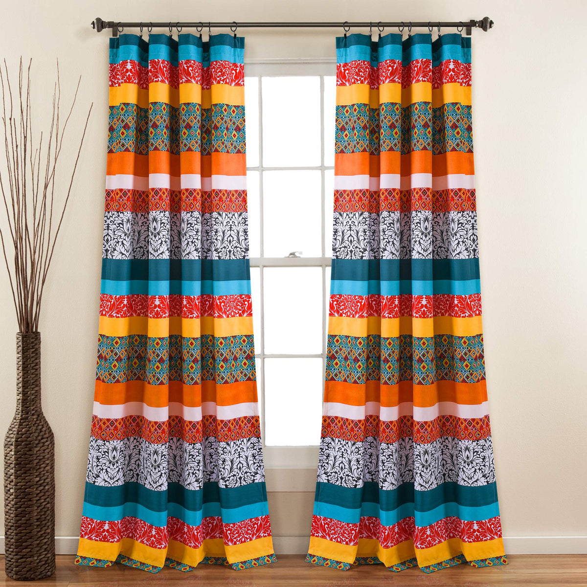 Lush Decor Turquoise and Tangerine Boho Stripe Window Curtain Bohemian Design Panel Pair, 52 Wide x 84 Long