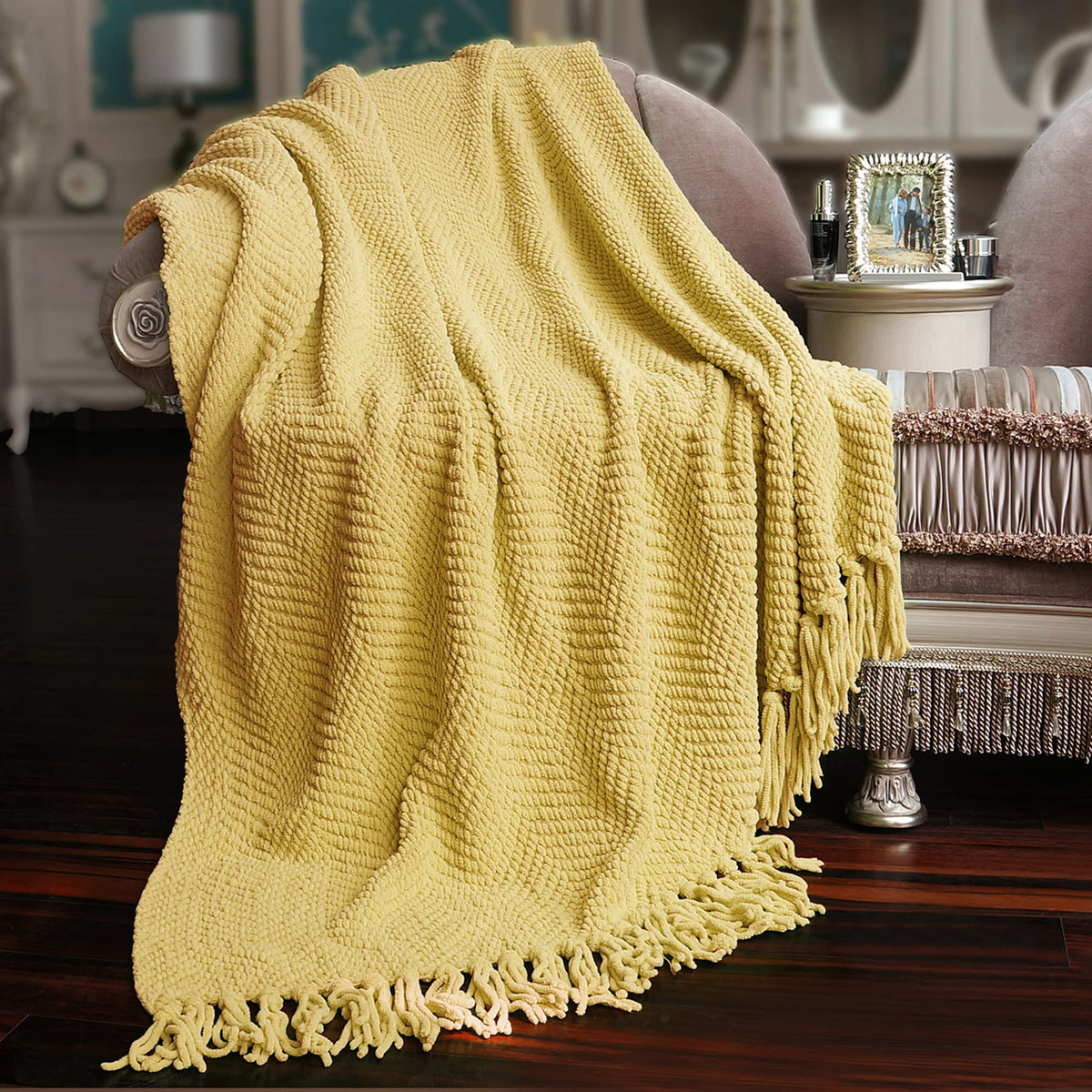 Home Soft Things Yellow Throw Blanket Knitted Tweed Throw 50' X 60', Jojoba Yellow, Super Soft Cozy Warm Comfortable Breathabl