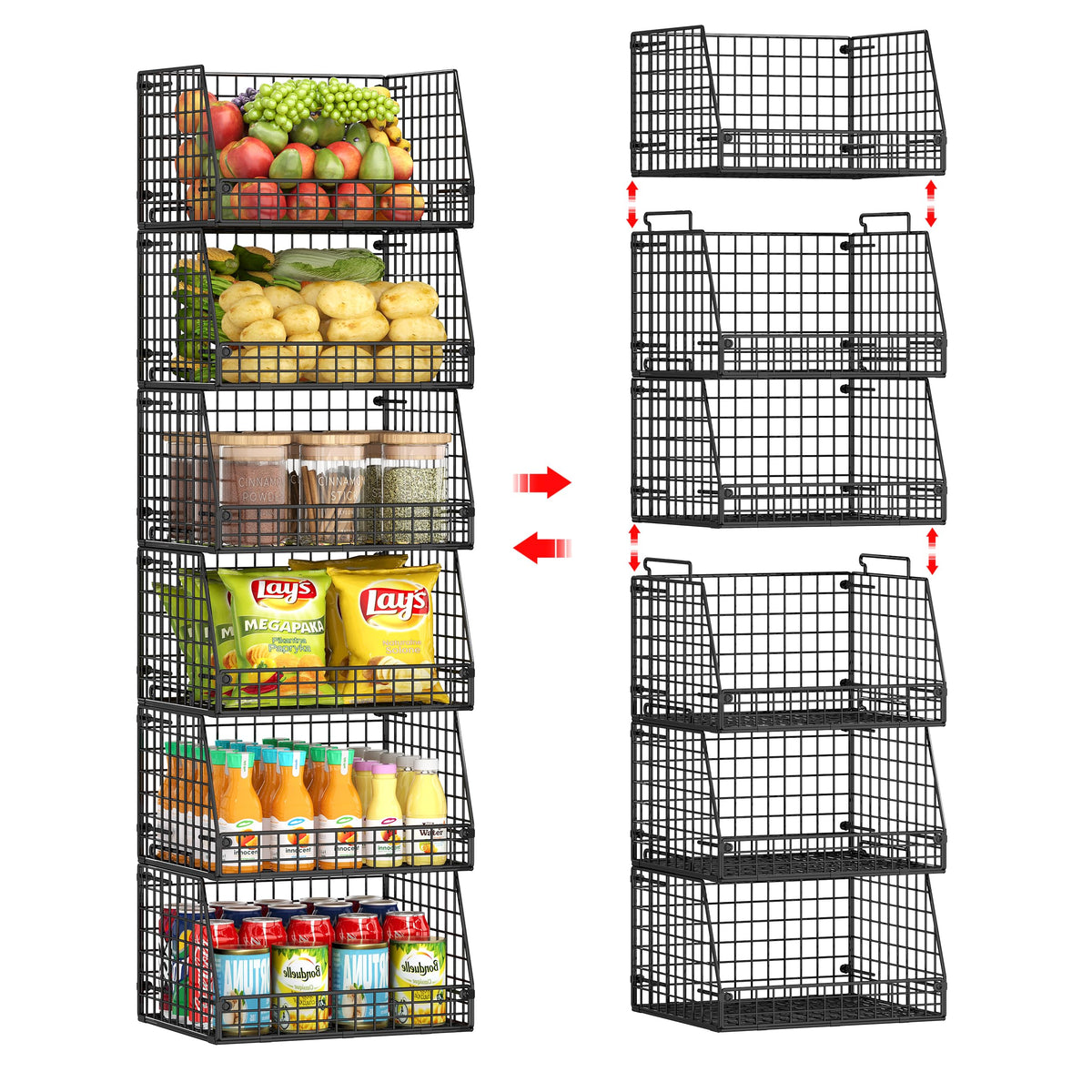 Jakyitvi 6 Pack Stackable Wire Baskets for Pantry,6 Pank Metal Pantry Organizer Storage Bins for Kitchen Snack, Fruit, Potato, O