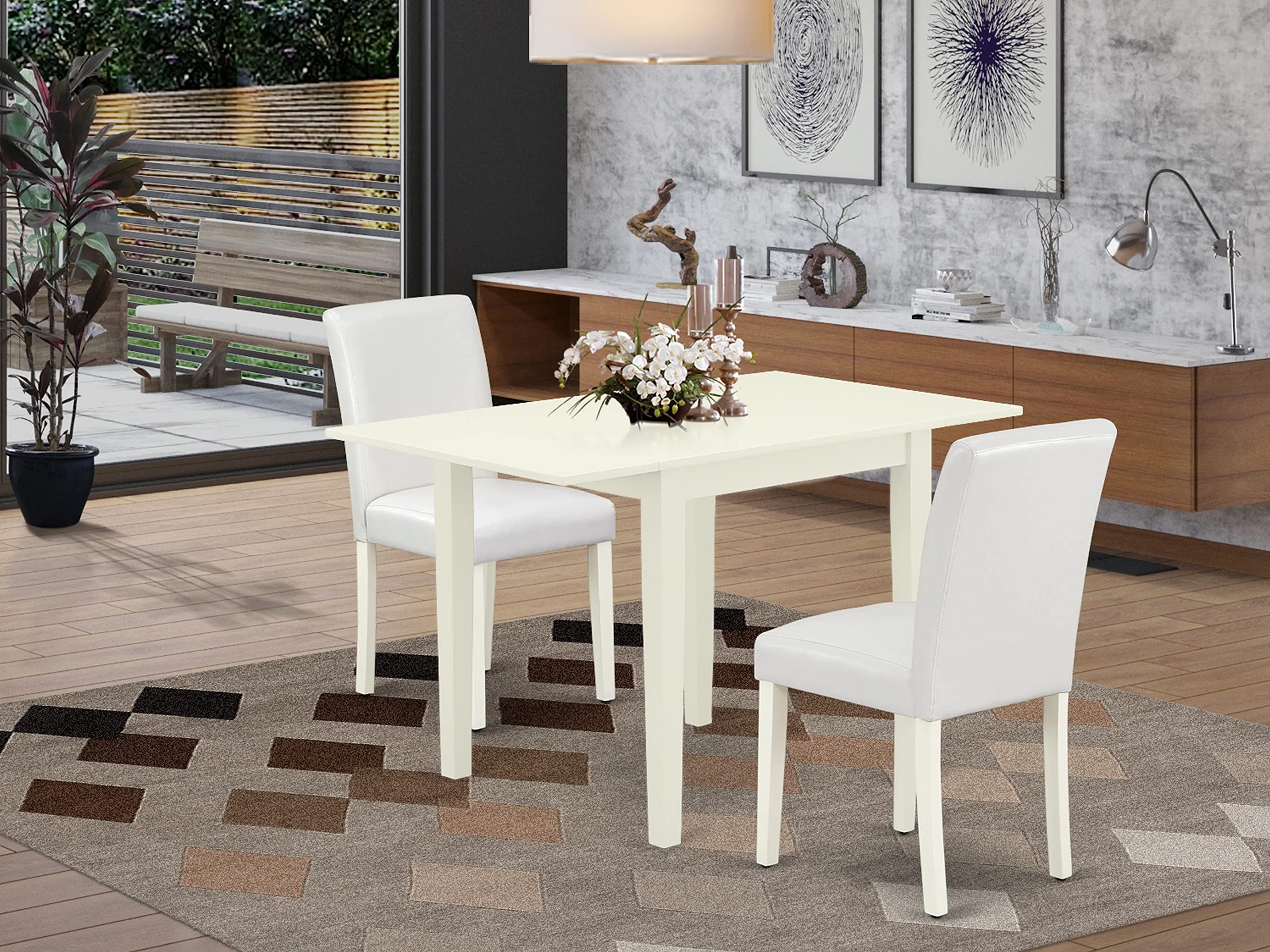 East West Furniture 1NDAB3-LWH-64 3 Piece Kitchen Set Contains a Rectangle Room Table with Dropleaf and 2 White Faux Leather Parsons Dining Chairs, 30x48 Inch