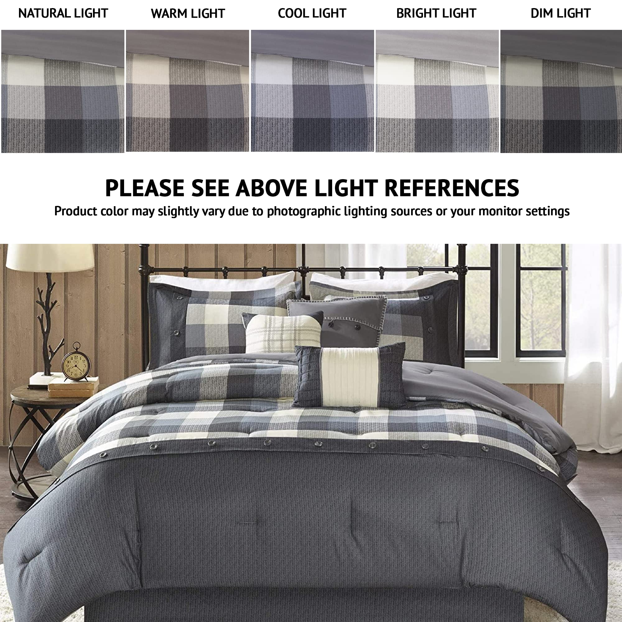 Madison Park Ridge Comforter Set - Cabin Lodge Plaid Herringbone Design, All Season Down Alternative Cozy Bedding With Matching Bedskirt, Shams, Decorative Pillow, Grey King(104'X92') 7 Piece