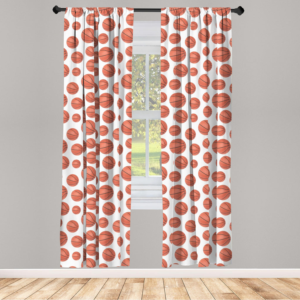 Ambesonne Basketball Window Curtains Pack Of 2, Realistic Style Balls Pattern On White Classical Sports Themed, Lightweight Set