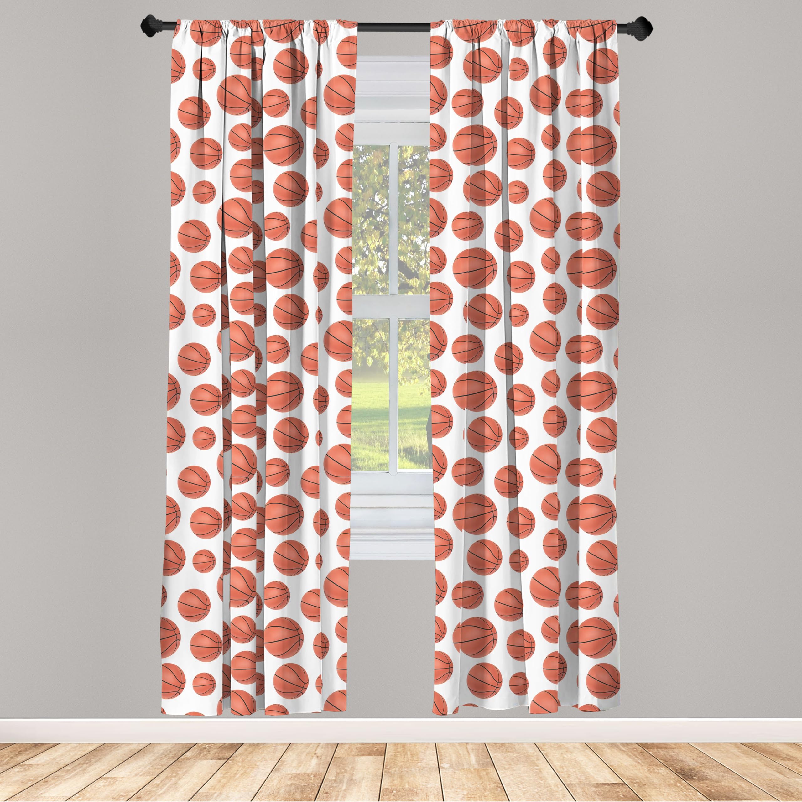 Ambesonne Basketball Window Curtains Pack Of 2, Realistic Style Balls Pattern On White Classical Sports Themed, Lightweight Set
