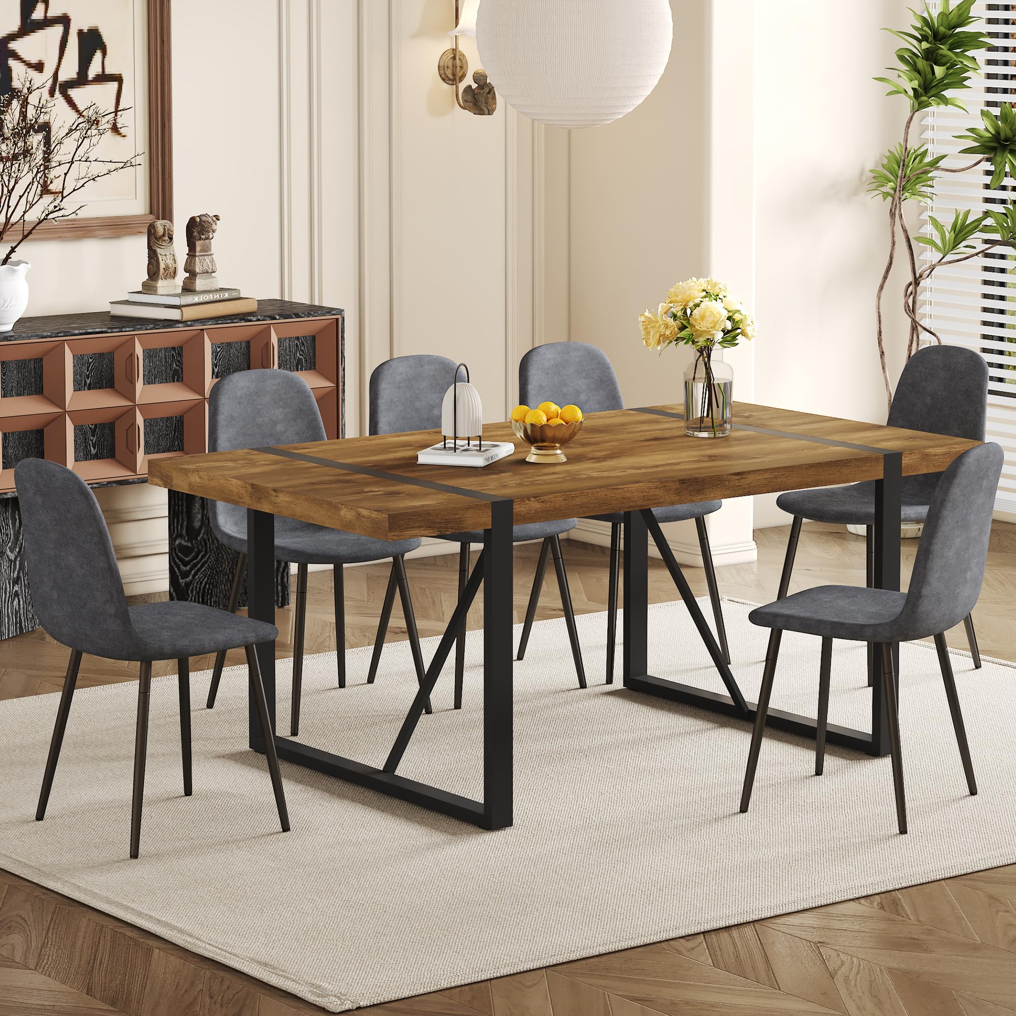 Muuoky Dining Table Set For 6, Modern 71' Dark Wood Dining Table And Fabric Dining Chairs Set Of 6,Table And Chairs Set Of 6,Id