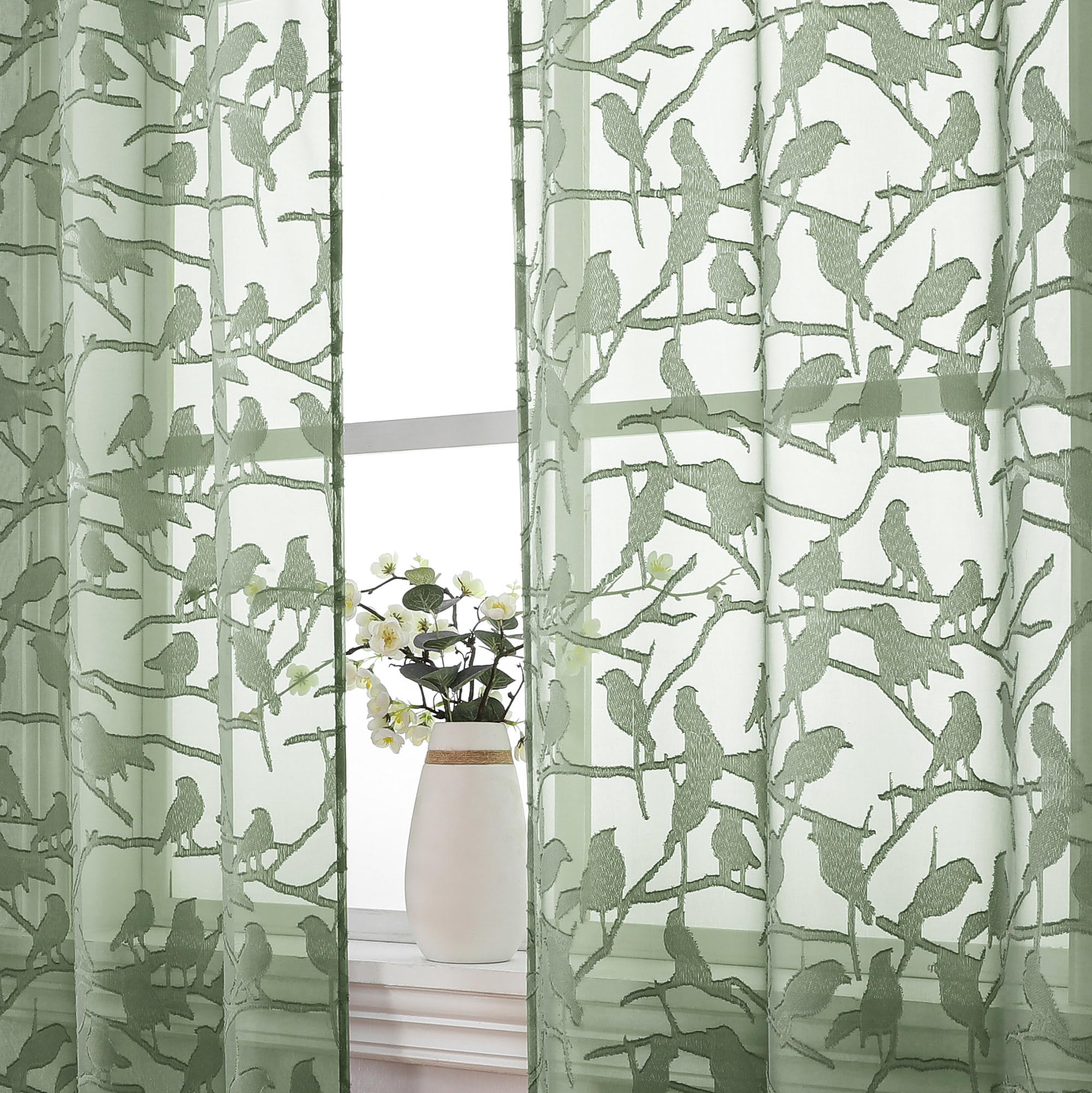 Ovzme Anji Bird Sage Green Sheer Curtains 45 Inches Long 2 Panels Set For Small Window, Light Filtering Privacy Cafe Curtains Ro