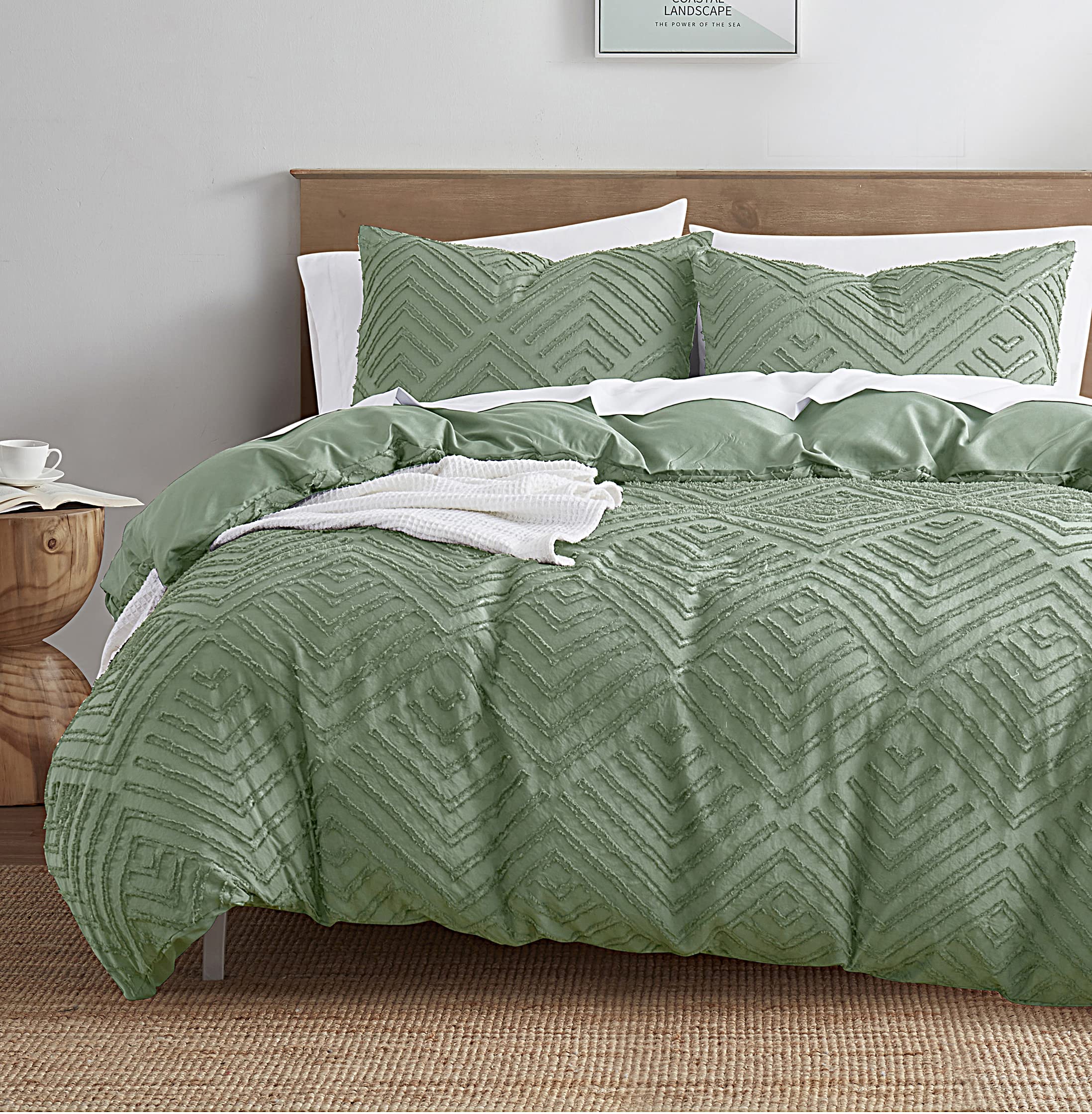 Nestl Boho Duvet Cover Twin - Boho Bedding Green Duvet Cover, 2 Piece Textured Duvet Cover Set, Double Brushed Twin Duvet Cover