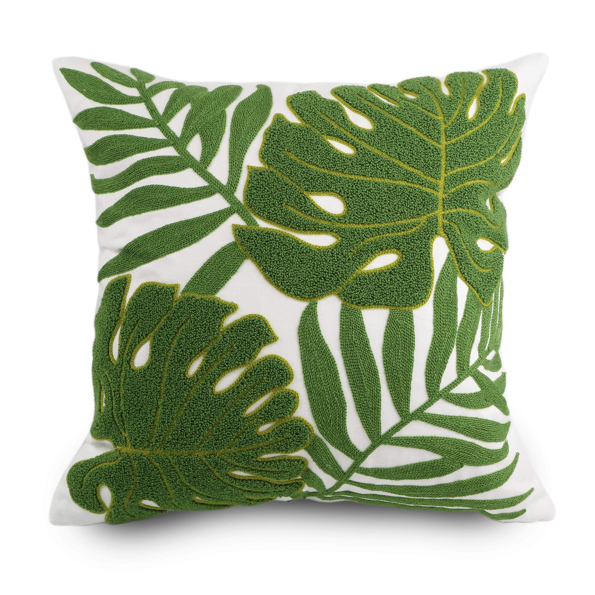Hodeco Embroidery Throw Pillow Covers 18X18 Home Decor Loop Tropical Green Leave Floor Pillow Cover For Couch 100% Cotton Canvas