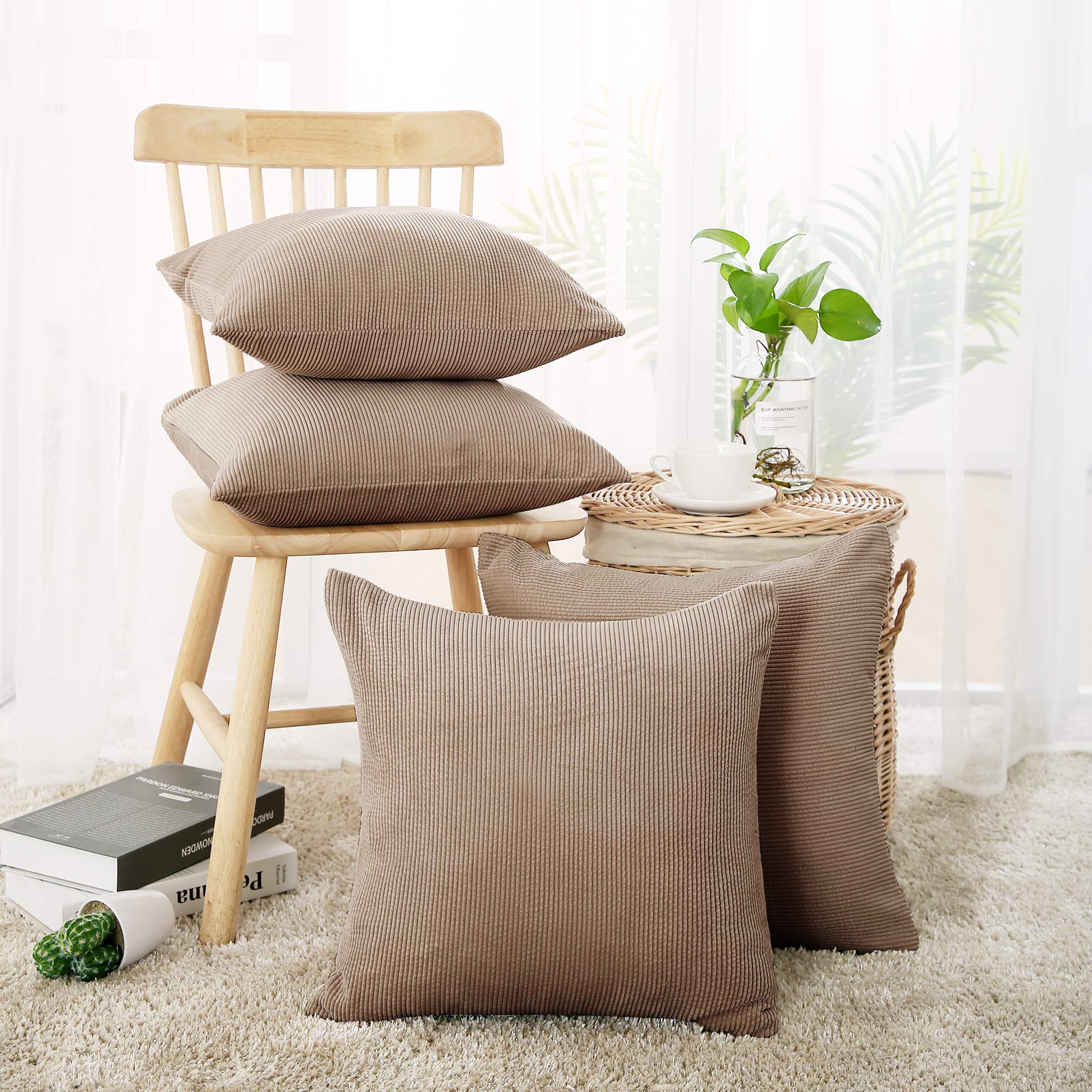 Deconovo Corduroy Zippered Pillowcase Soft Cushion Cover For Couch Bed Sofa, 20X20 Inch-4 Pieces, Khaki 4 Count