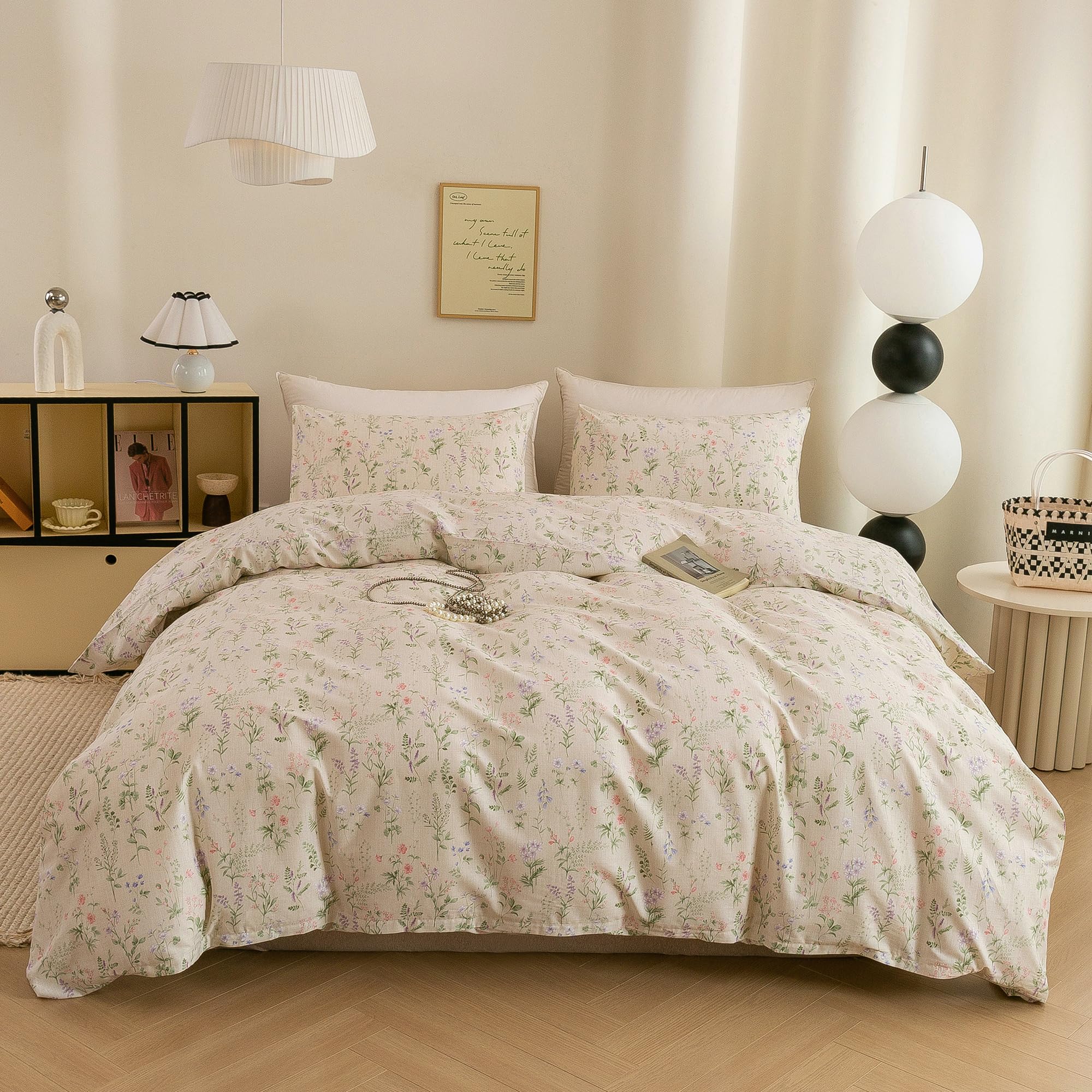 ECOCOTT Floral Duvet Cover Queen Size, 100% Washed Cotton Linen Feel Bedding Set, 3pcs Vintage Garden Flower Comforter Cover wit