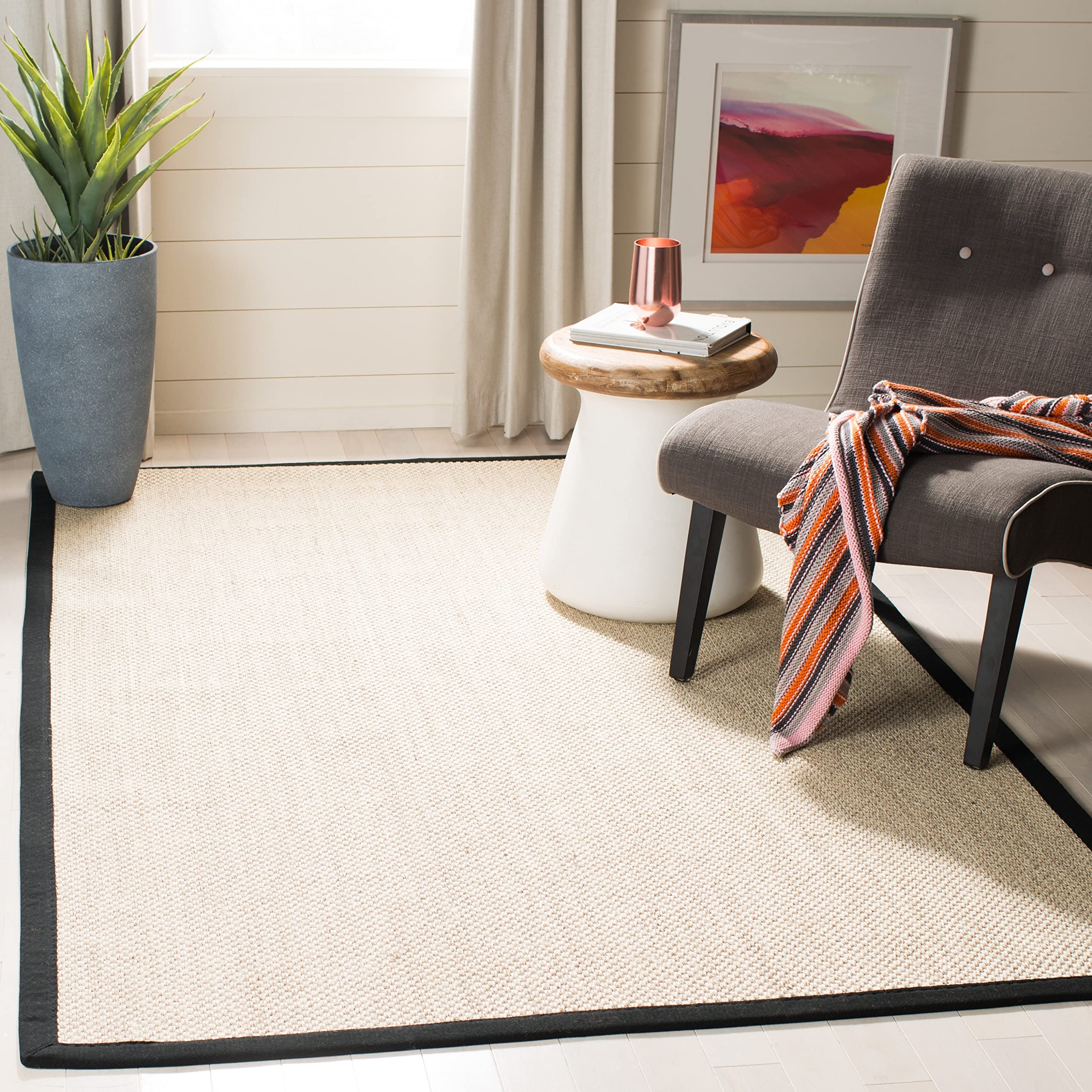 SAFAVIEH Natural Fiber Collection 4 x 6 Marble / Black NF143A Border Sisal Area Rug