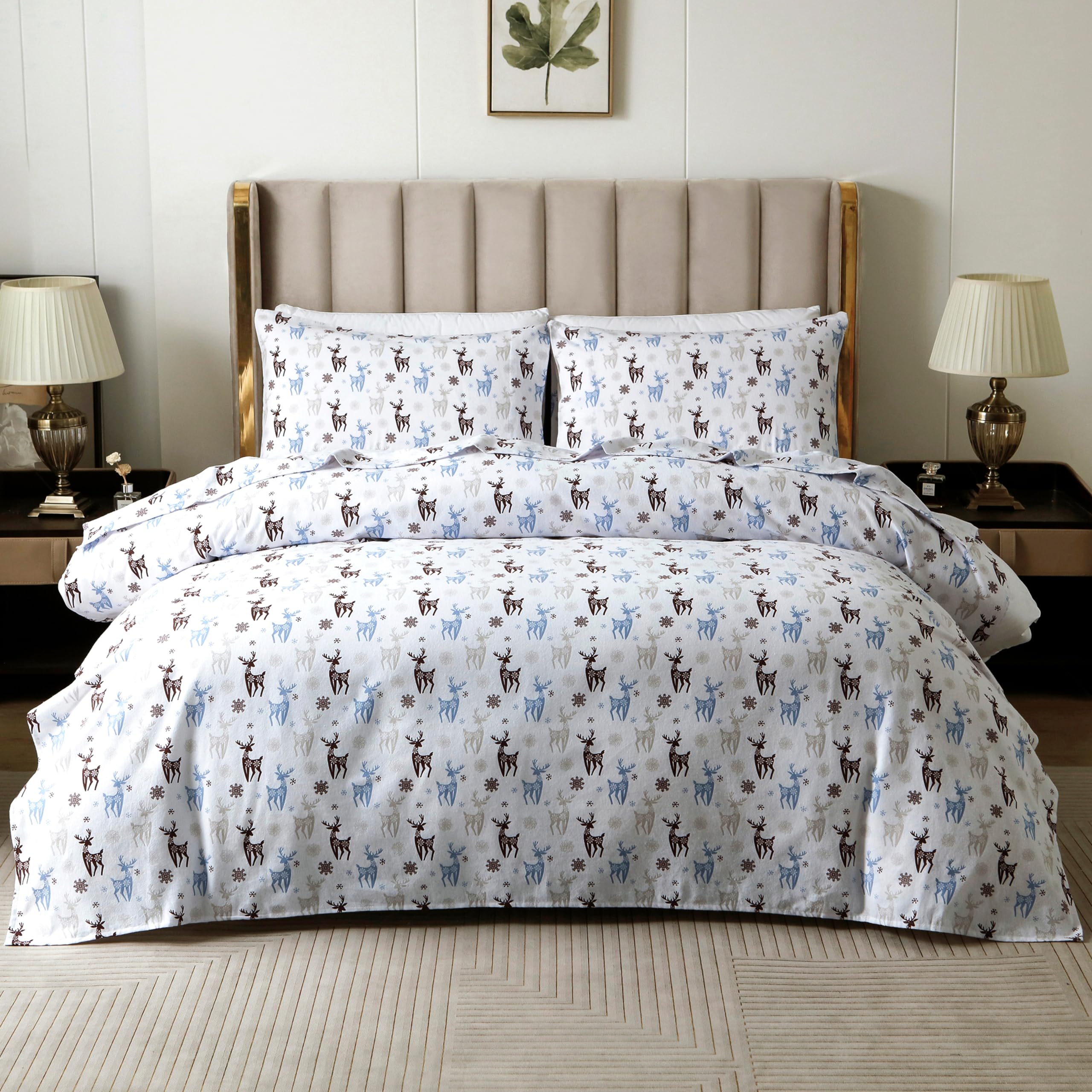 Elegant Comfort Ultra Soft 4-Piece 100% Turkish Cotton Flannel Sheet Set - Holiday Christmas Flannel Sheets, Warm And Cozy Premium Quality, Deep Pocket Fitted Sheet- Full, Brown Deer