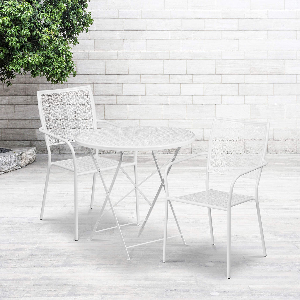 Flash Furniture Commercial Grade 30" Round White Indoor-Outdoor Steel Folding Patio Table Set With 2 Square Back Chairs