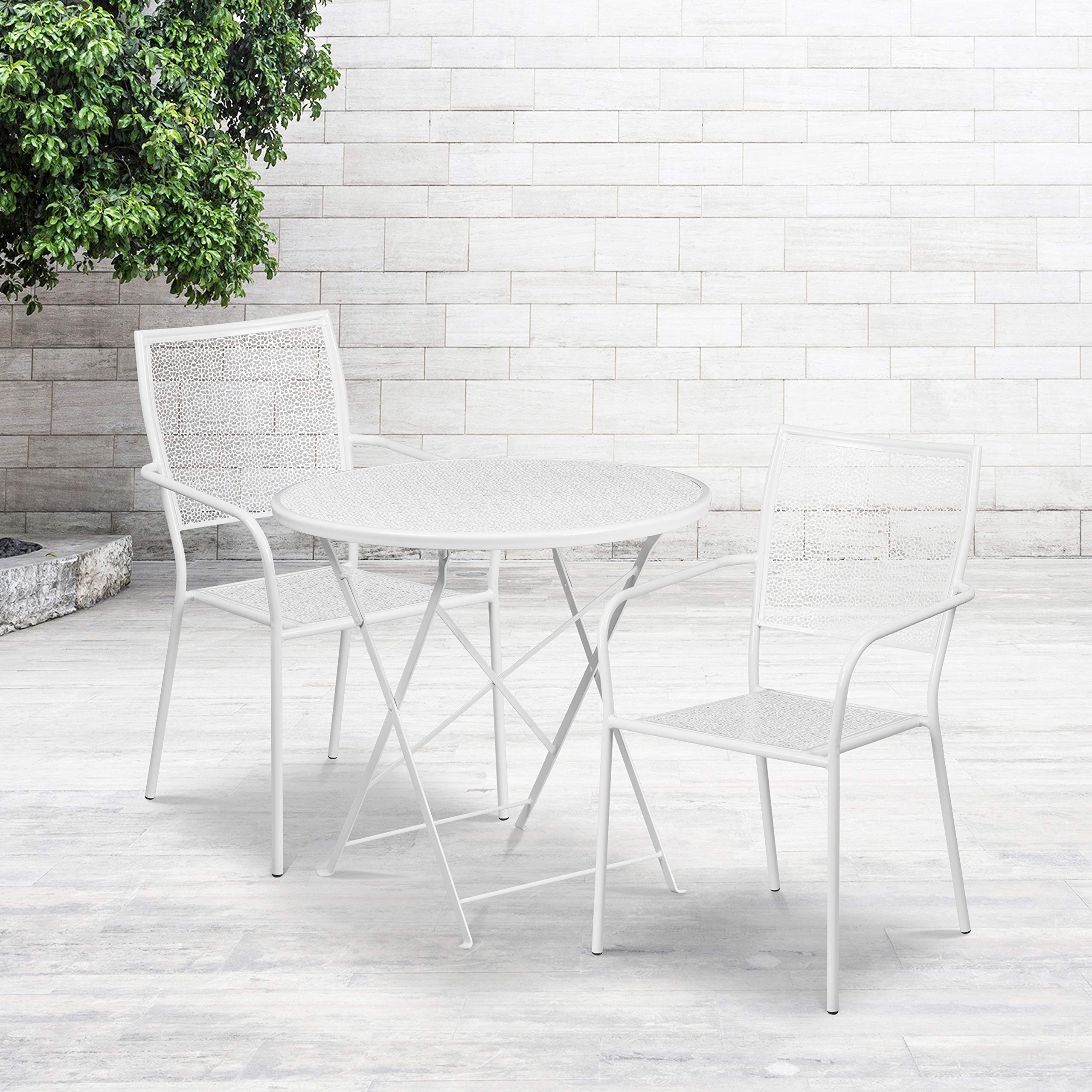Flash Furniture Commercial Grade 30" Round White Indoor-Outdoor Steel Folding Patio Table Set With 2 Square Back Chairs