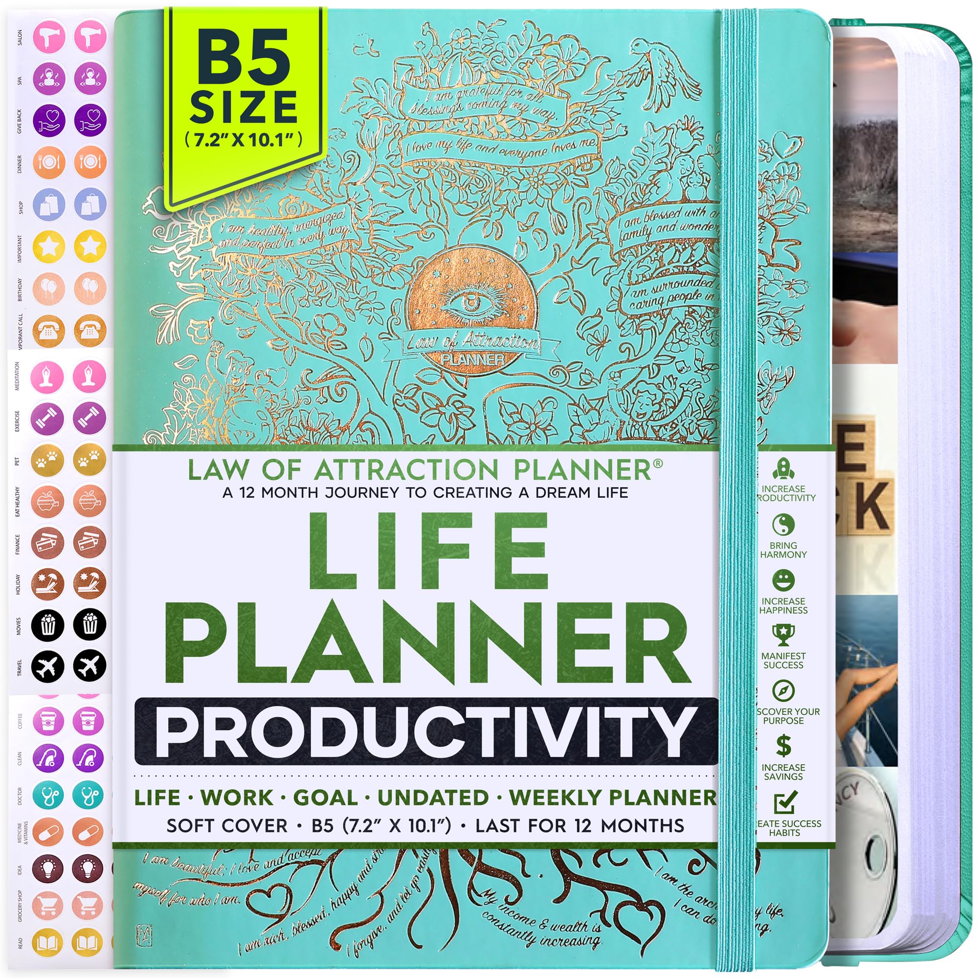 Life Planner - Undated Deluxe Weekly, Monthly Planner, A 12 Month Journey To Increase Productivity & Happiness, Life Organizer,