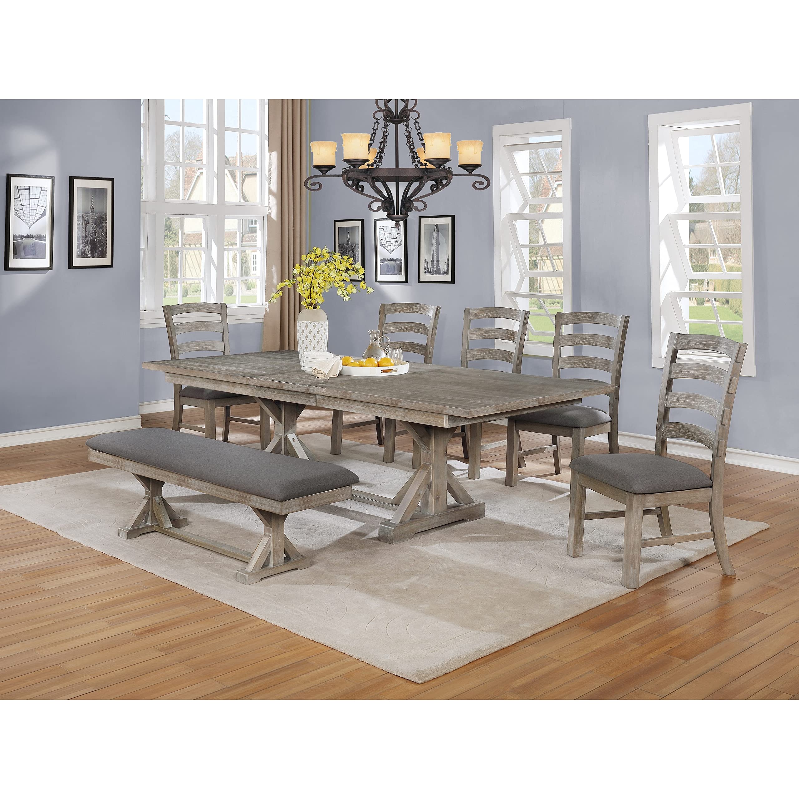 Best Quality Furniture 7Pc Dining Set (1 Table + 1 Bench + 5 Chairs) Gray
