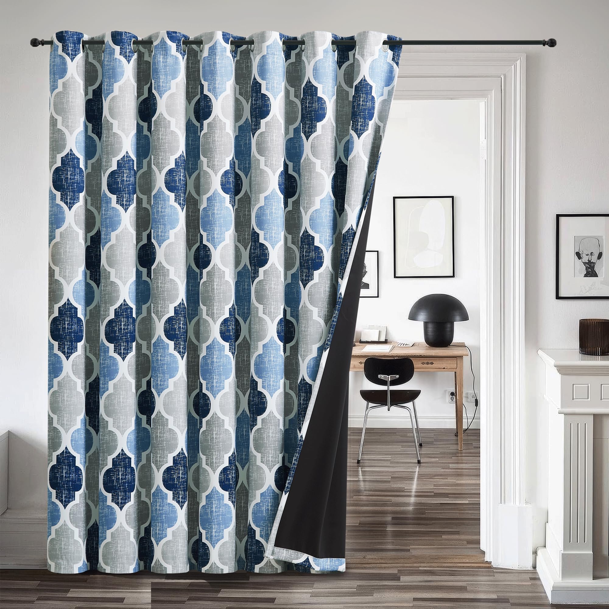 Beauoop 100% Blackout Curtains 84 Inches Long for Patio Sliding Door Blue Grey Extra Wide Moroccan Geo Room Darkening Thermal So