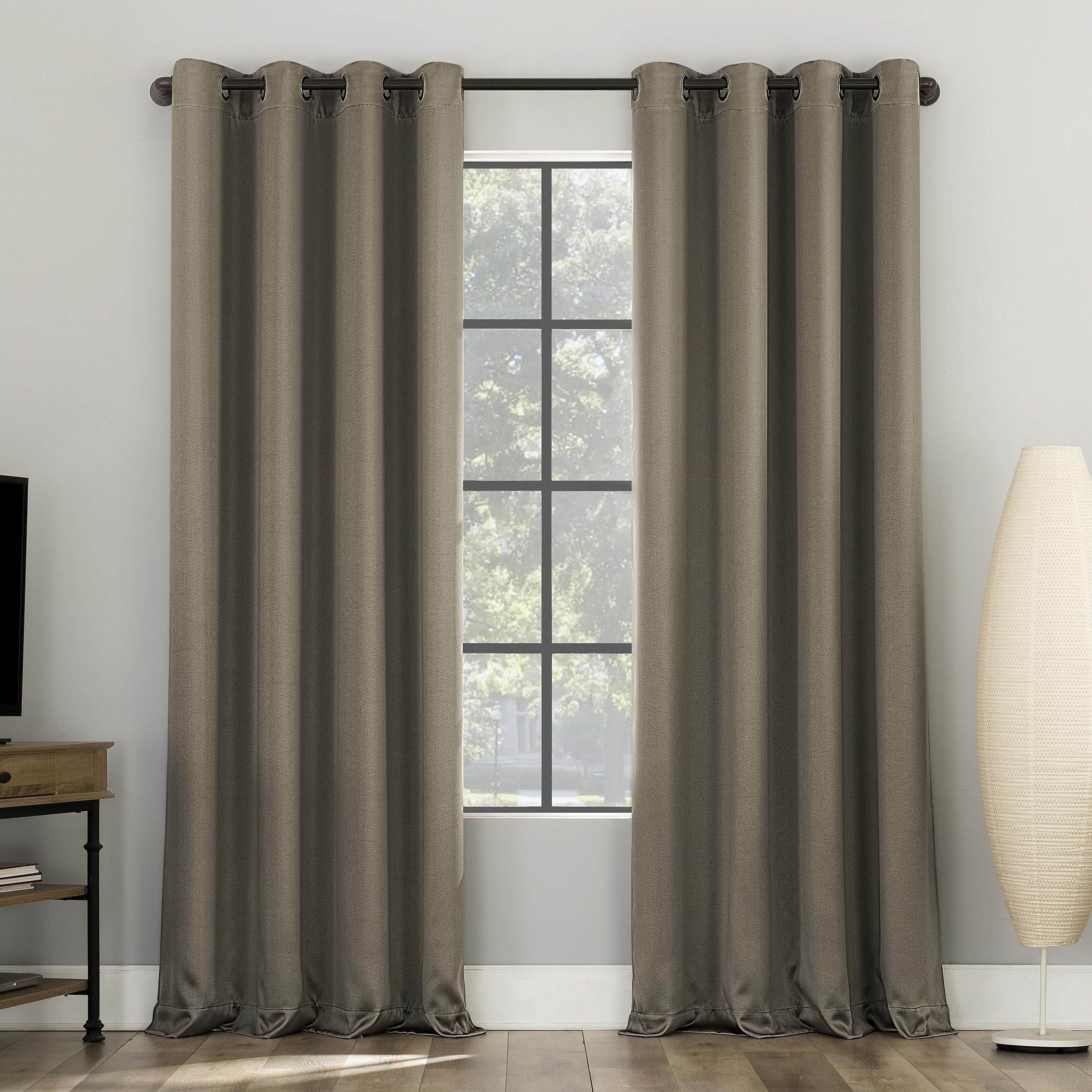 Sun Zero Nordic 2-Pack Theater Grade Noise Reducing Extreme 100% Blackout Grommet Curtain Panel Pair, 52 x 84, Mushroom Brown