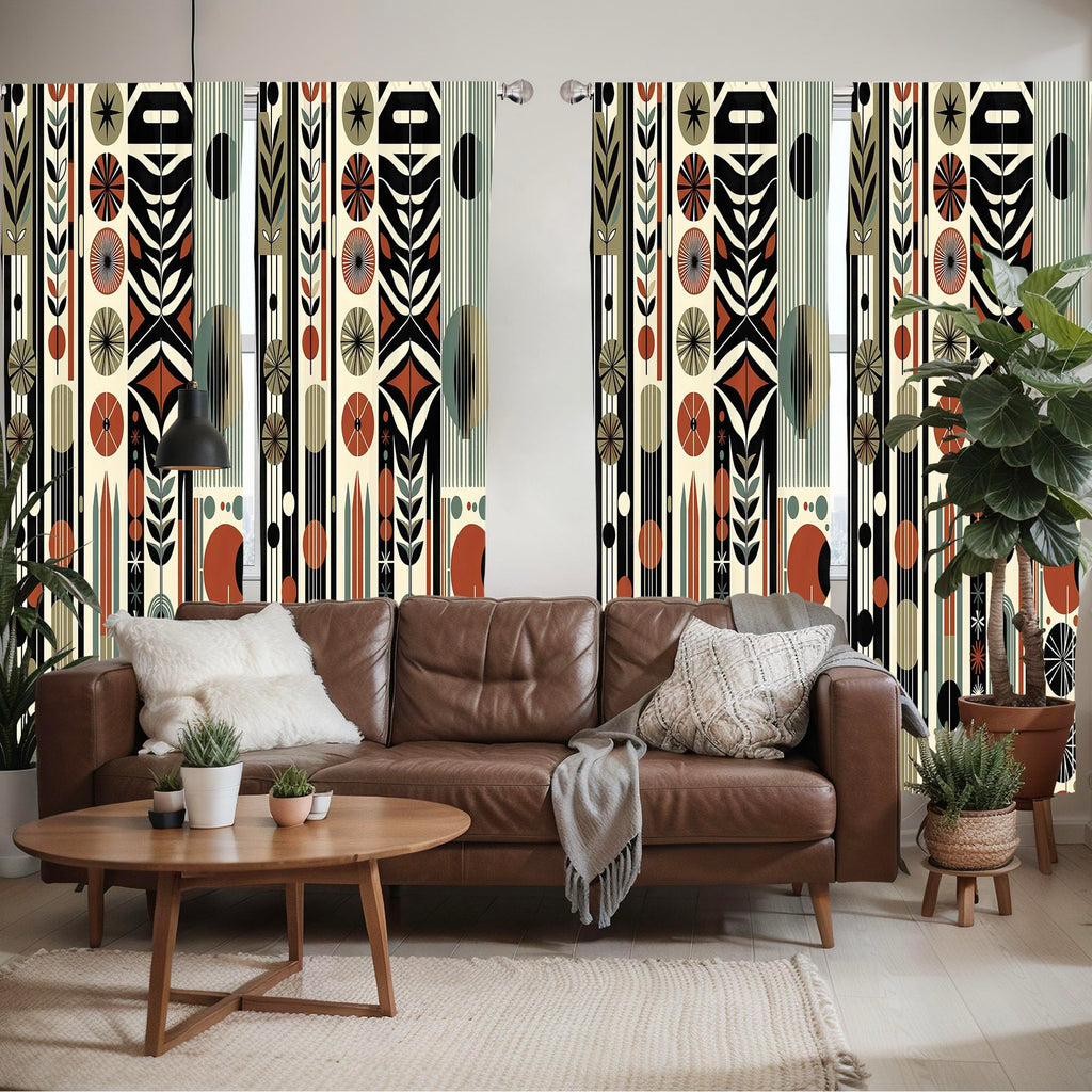 Ambesonne Bohemian Window Curtains Pack Of 2, Mid Century Modern Themed Circular Motifs Ovals And Stripes Geometric, Lightweight
