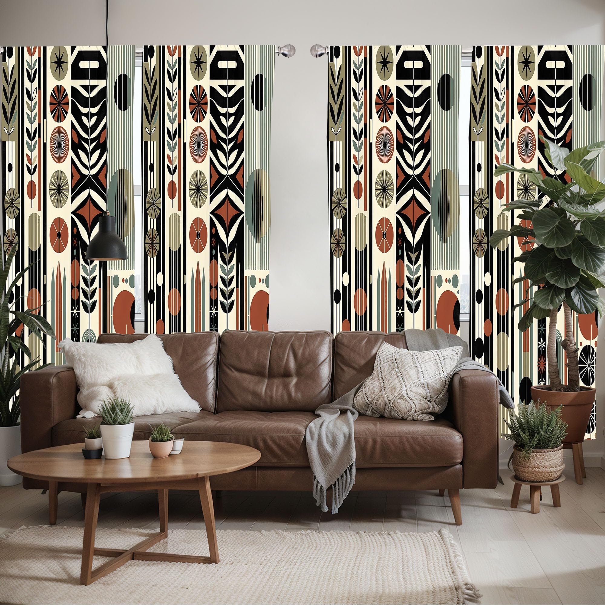 Ambesonne Bohemian Window Curtains Pack Of 2, Mid Century Modern Themed Circular Motifs Ovals And Stripes Geometric, Lightweight