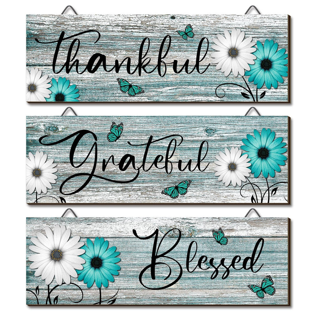 Geetery 3 Pcs Thankful Grateful Blessed Wooden Signs Rustic Daisy Wood Wall Decor Inspirational Wall Art Signs Rustic Wooden Han