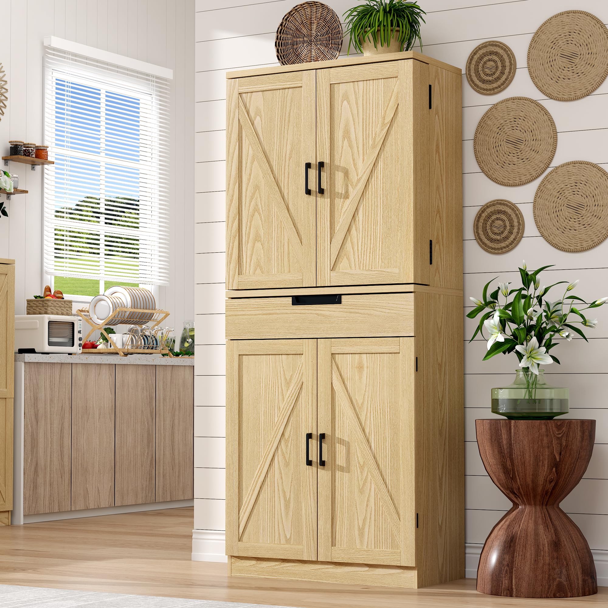 Bometao 72' Tall Kitchen Pantry Cabinets, Farmhouse Storage Organizer Cabinet With Barn Doors, Drawer And Adjustable Shelves, R