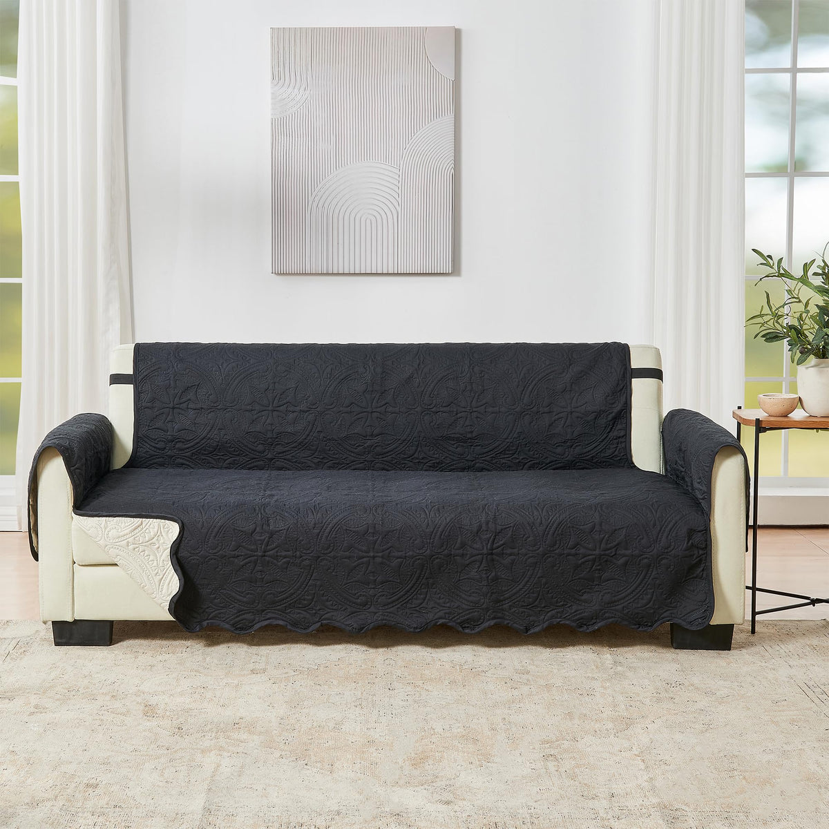 Great Bay Home Reversible Sofa Cover - Washable Slipcover Furniture Protector With Elastic Straps - Couch Cover For Dogs, Kids, And Pets - Quilted & Stitched Detail (Sofa, Black/Taupe)