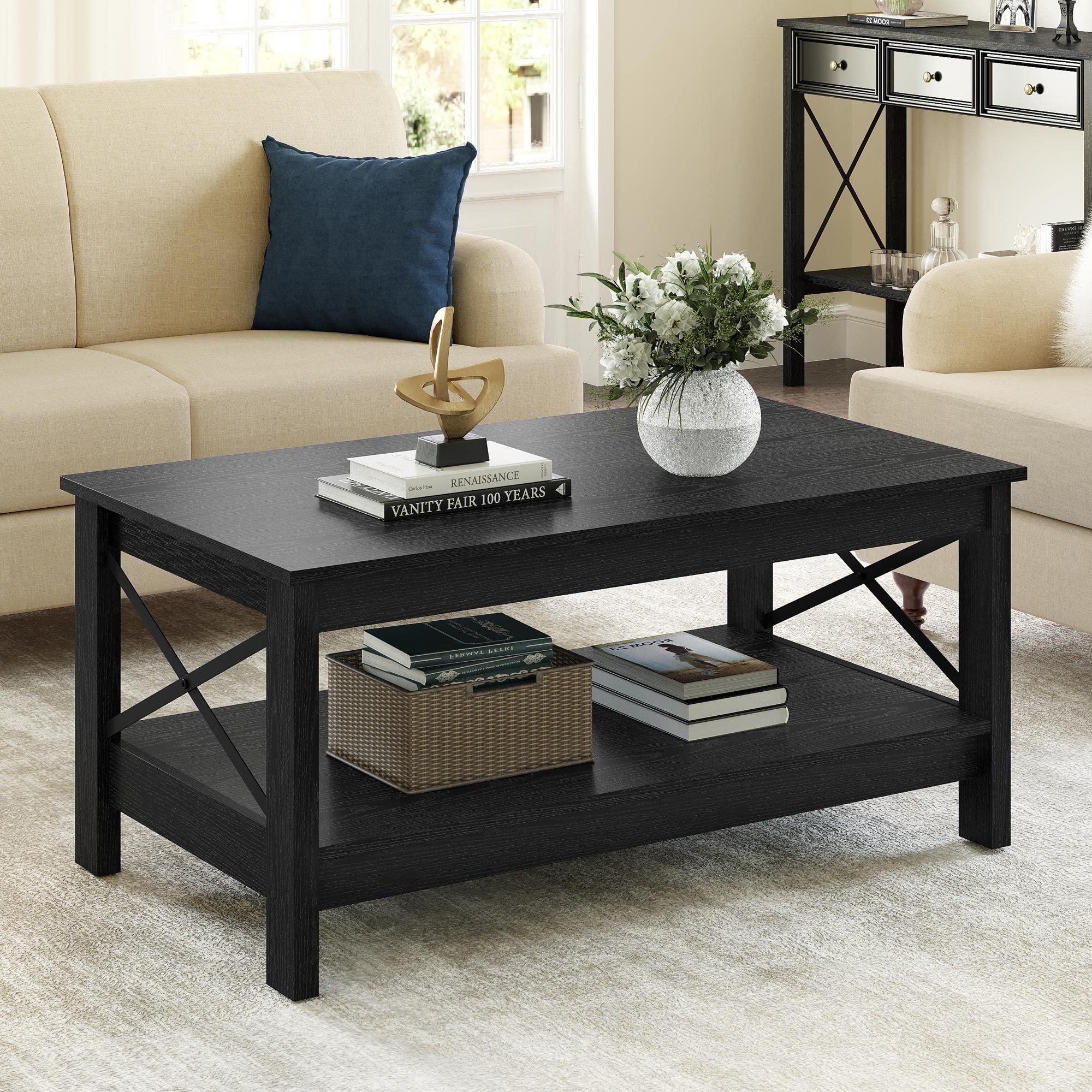 Yitahome Coffee Table For Living Room, Modern Farmhouse Coffee Table With Storage, 2-Tier Center Table For Living Room Wood Living Room Table Accent Cocktail With Sturdy Frame, Black