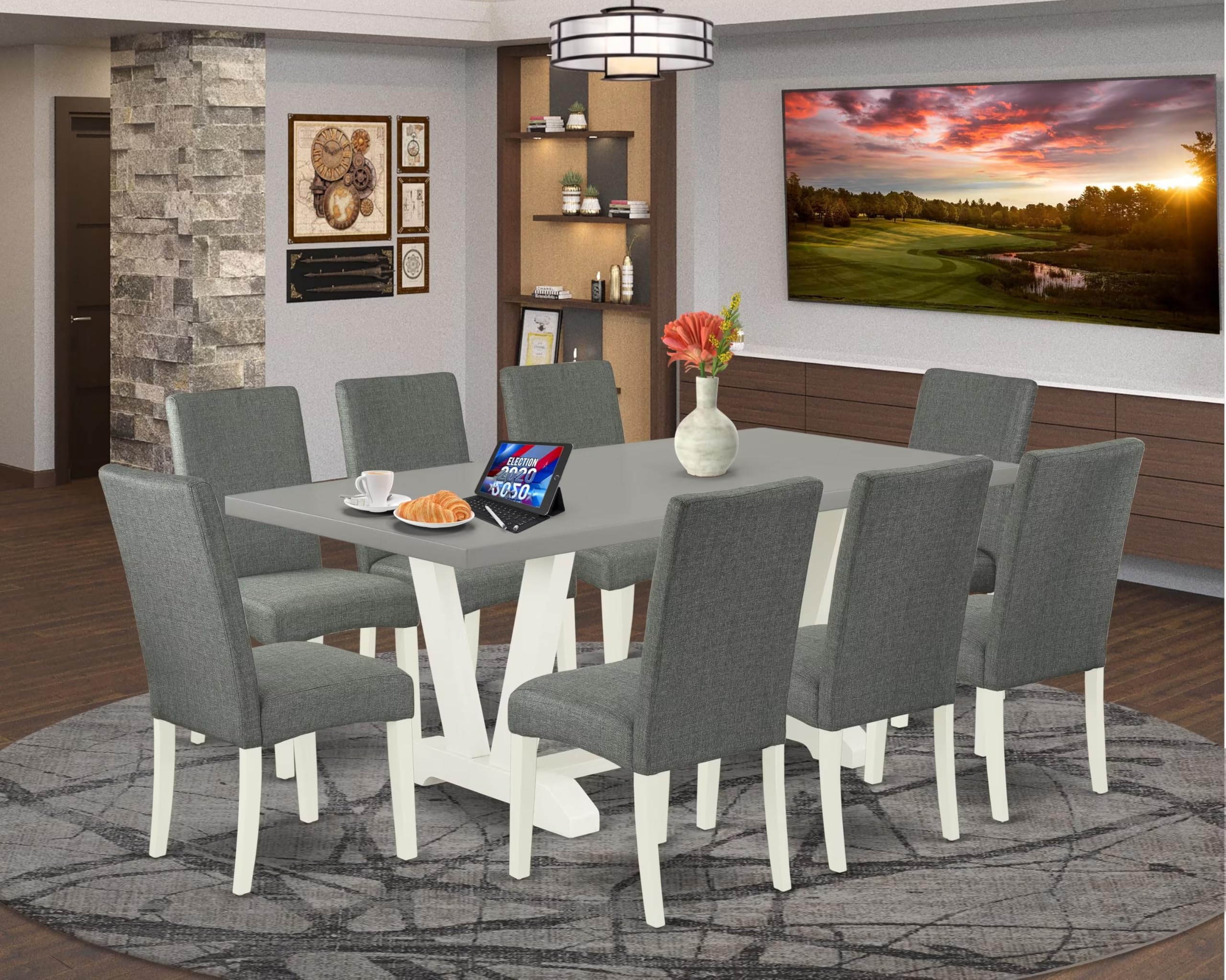 East West Furniture V097Dr207-9 9 Piece Dining Set Includes A Rectangle Dining Room Table With V-Legs And 8 Gray Linen Fabric Upholstered Parson Chairs, 40X72 Inch, Multi-Color