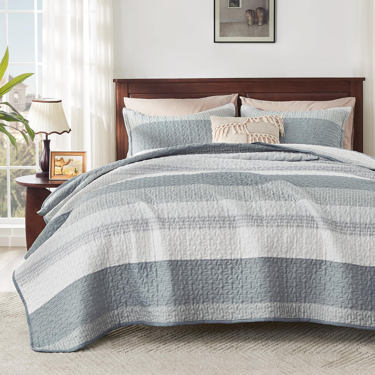 Andency Grey Striped Quilt Twin(68X86Inch), 2 Pieces (1 Striped Quilt And 1 Pillowcase) Patchwork Bedspread Coverlet Set, Soft Microfiber Lightweight Quilted Bedding Set