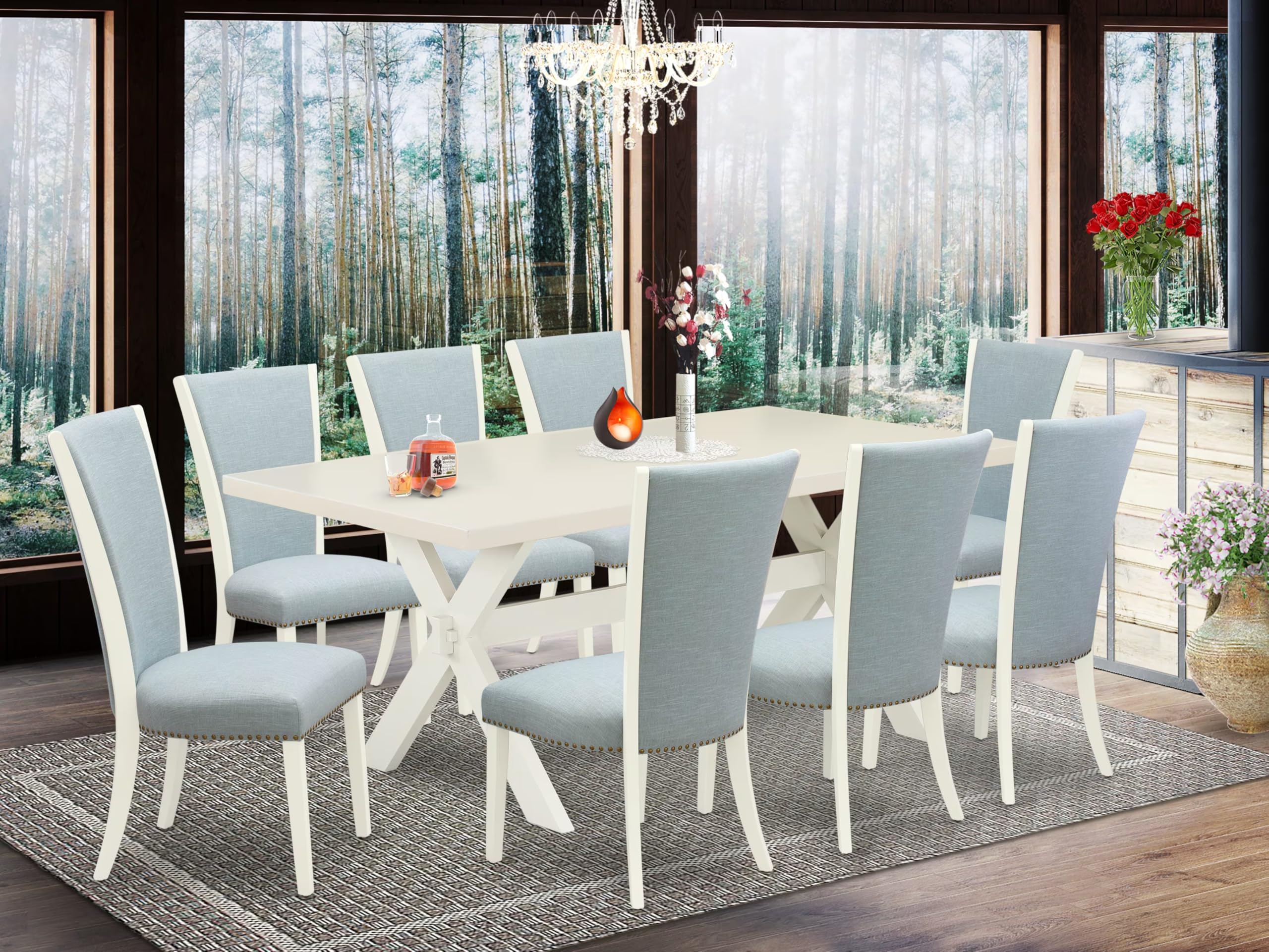 East West Furniture X027VE215-9 9 Piece Dining Room Table Set Includes a Rectangle Dining Table with X-Legs and 8 Baby Blue Linen Fabric Upholstered Parson Chairs, 40x72 Inch, Multi-Color