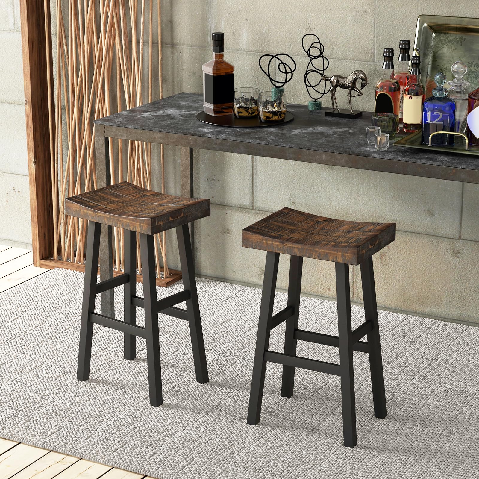 Costway Wooden Saddle Stools Set Of 4, 29-Inch Bar Height Stools With Curved Seat Surface, Rubber Wood, Acacia Wood, Footrests, Kitchen Island Counter Stools For Restaurant Cafe Pub, Brown+Black