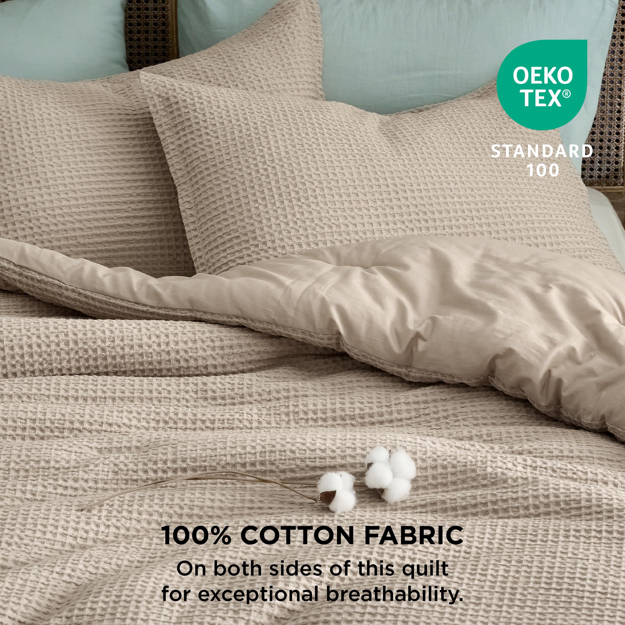 Bedsure Waffle Comforter Set Queen, Khaki Soft Cotton Bedding, Waffle Weave Bed Set, 3 Pieces, 1 Comforter (90'X90') And 2 Pillow Shams, Premium Cotton Cover With Polyester Fill For All Seasons