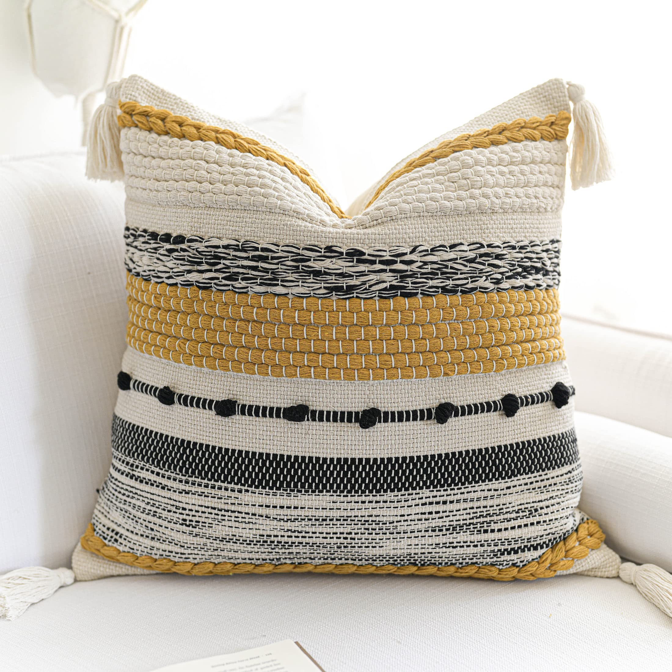 Blissblush Yellow Mustard Decorative Throw Pillow Cover 20X20 Square Boho Accent Pillowcase Tassels Farmhouse Cushion For Couch