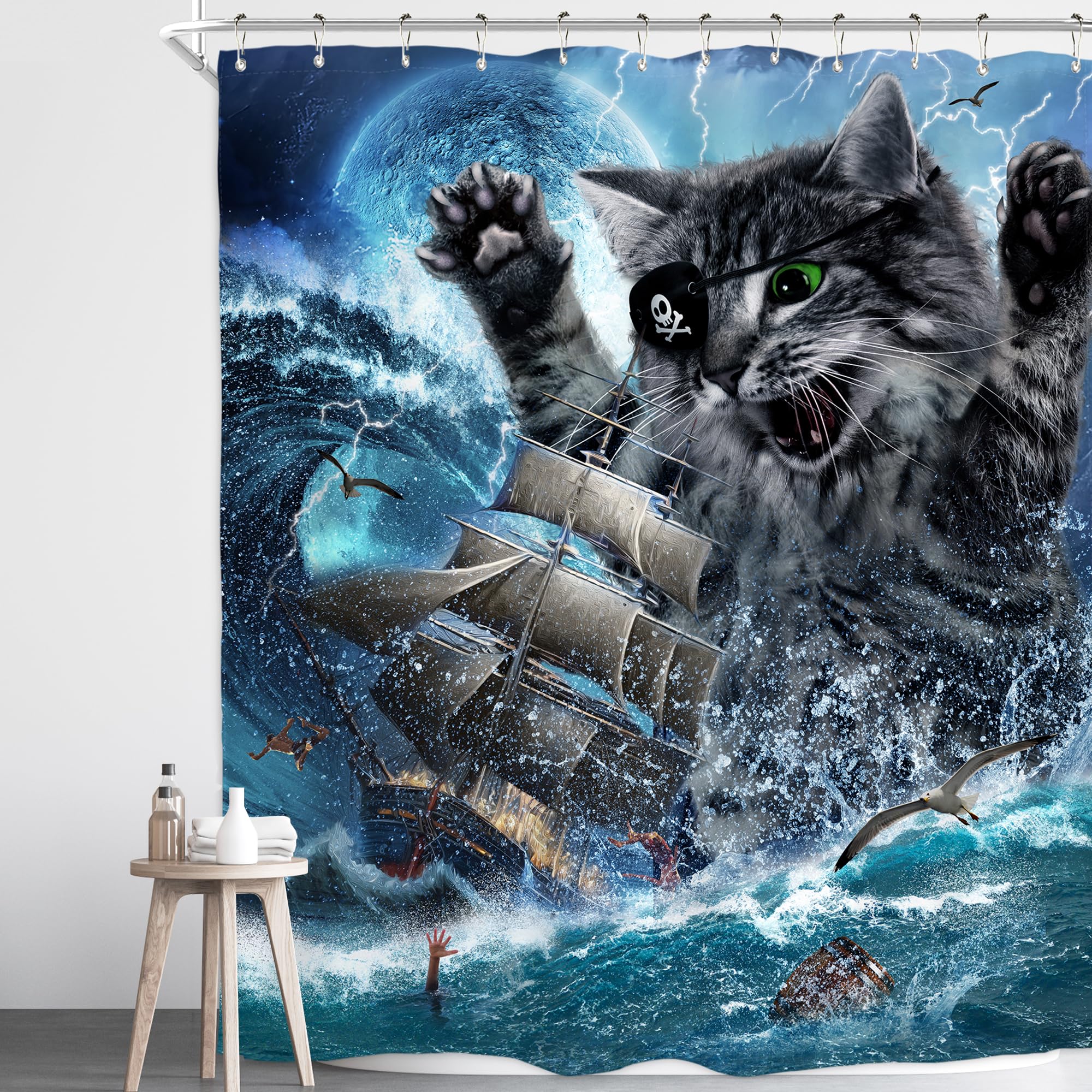 Homewelle Funny Cat Pirate Shower Curtain Ship Sea Ocean Waves Nautical Sailboat Moon Cool Animal Beach Seagull Cute For Kids Bo