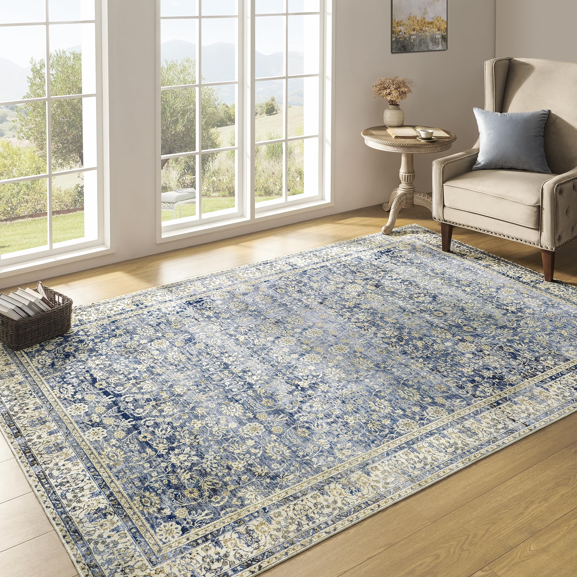 Distressed Carpet Multi Rug Blue Vintage Design Flower Area Rug 5x7 Cover Print Distressed Carpet Multi Rug Living Room Bedroom 