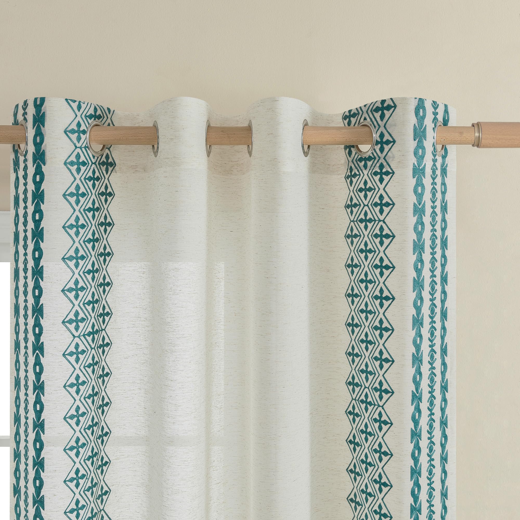 Boho Curtains 63 Inch Length 2 Panels Set Grommet Natural Linen Semi Sheer Curtains For Living Room Bedroom Privacy Vintage Bohe