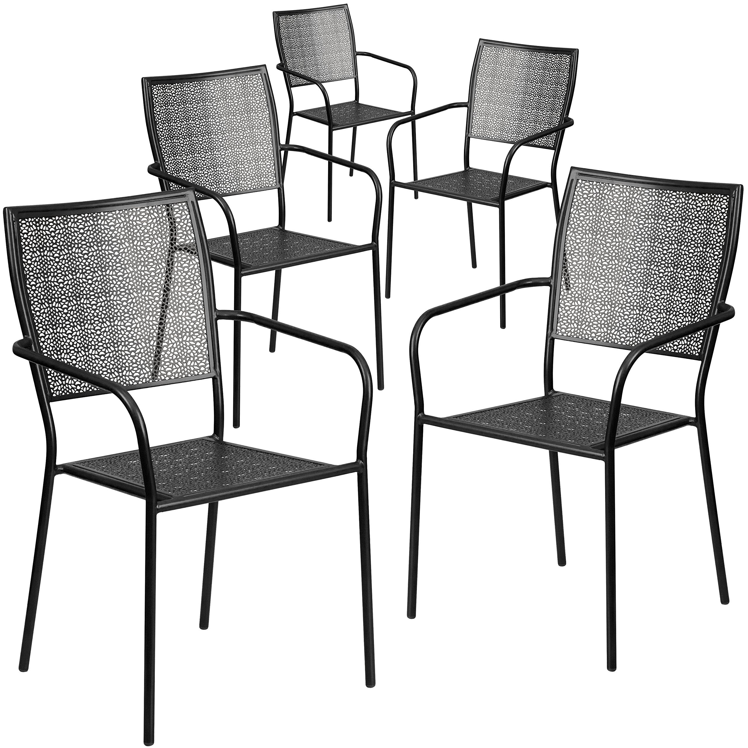 Flash Furniture Oia Commercial Grade 5 Pack Black Indoor-Outdoor Steel Patio Arm Chair with Square Back