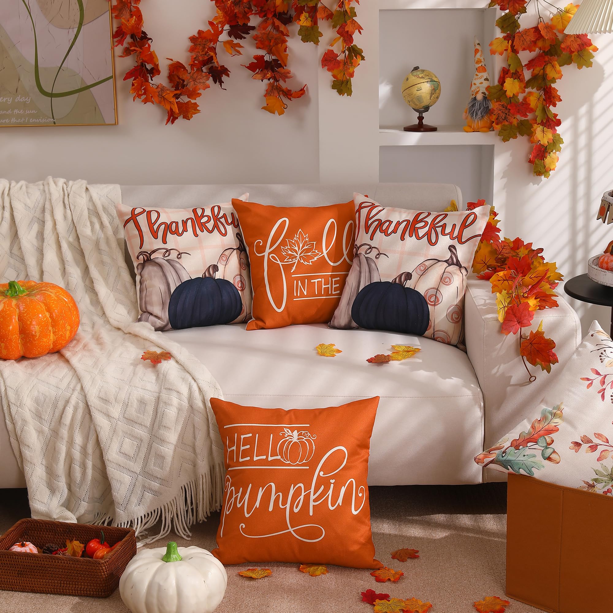 Dfxsz Fall Pillow Covers 16X16 Inch Set Of 4 Buffalo Plaid Fall Blue Pumpkin Throw Pillow Cover Autumn Thanksgiving Decoration F
