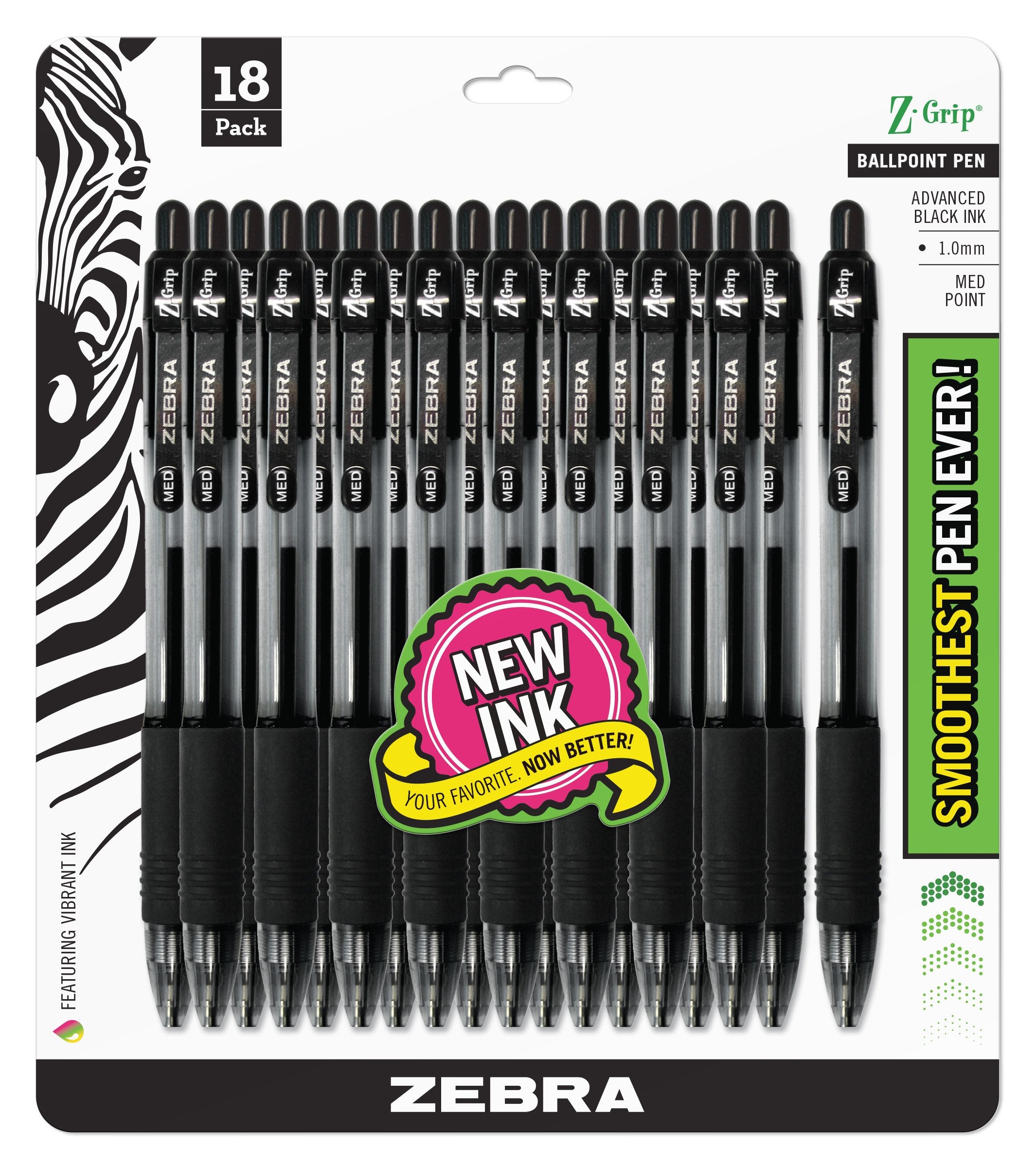 Zebra Pen Z-Grip Retractable Ballpoint Pen, Medium Point, 1.0Mm, Black, (Case Of 6 Packs, 108 Count Total)