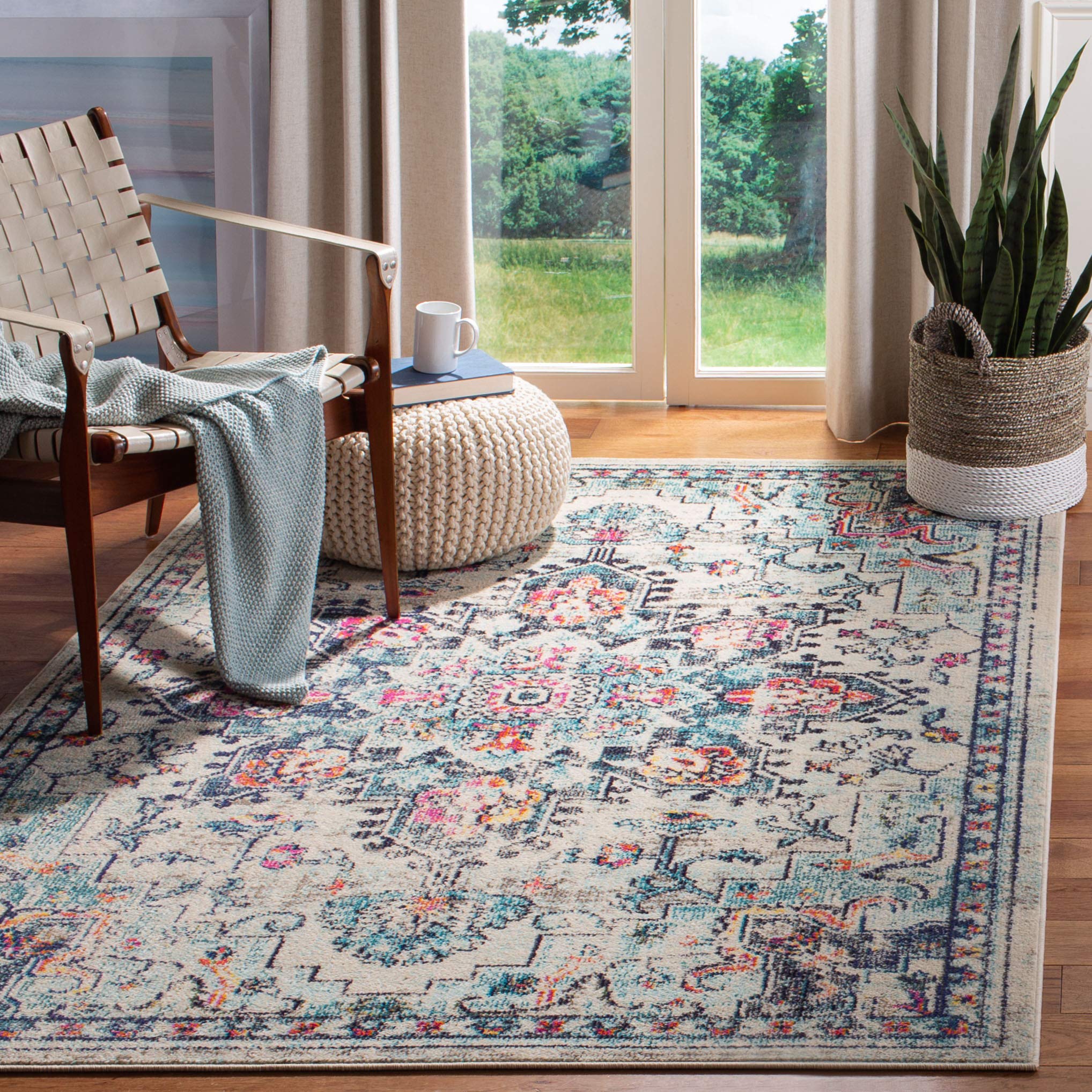 SAFAVIEH Madison Collection 3 Square Cream/Blue MAD473B Boho Chic Medallion Distressed Non-Shedding Living Room Bedroom Accent 