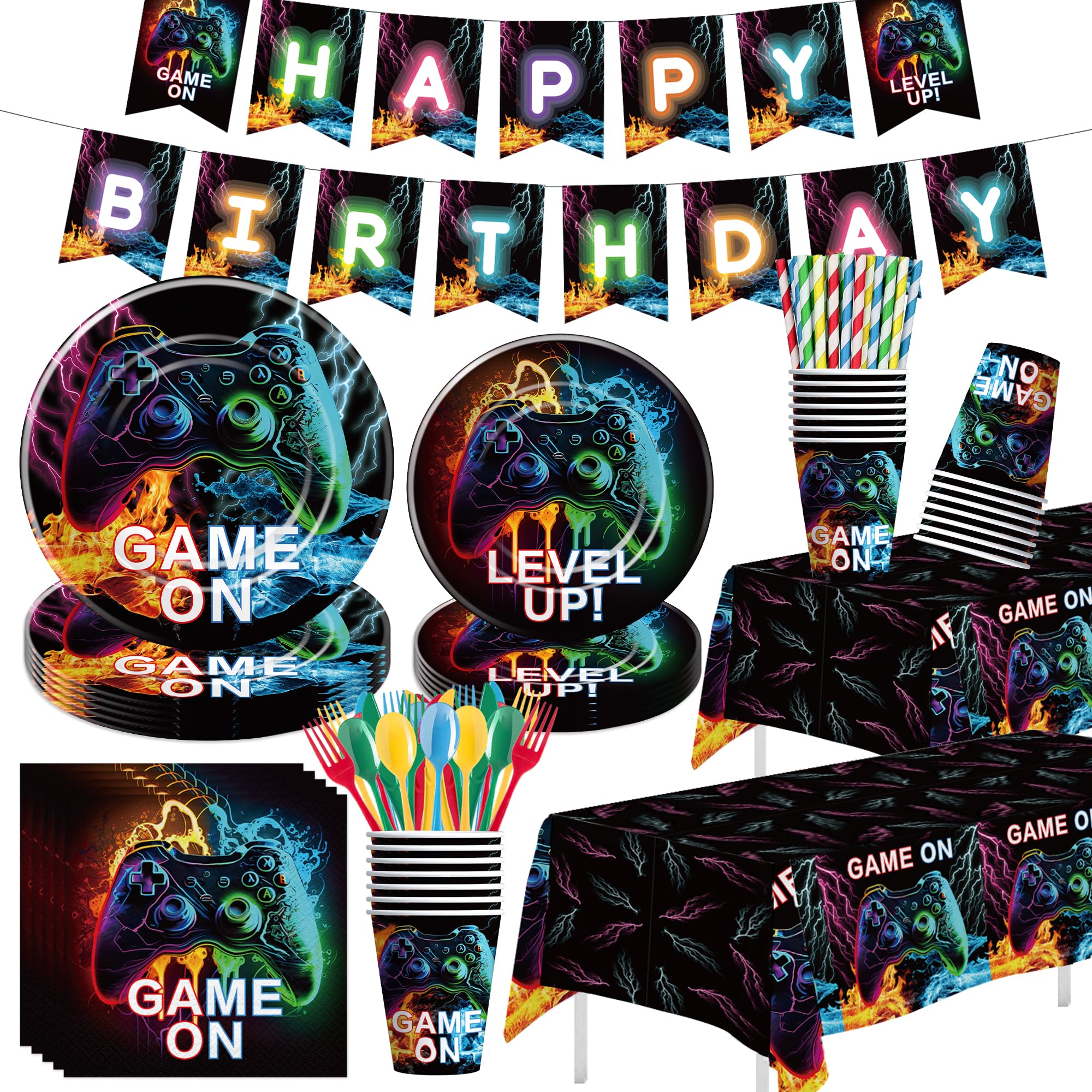 Owelleny Video Game Birthday Decorations, Game On Birthday Party Supplies, Paper Plate, Napkin, Cup, Banner, Tablecloth, Cutlery