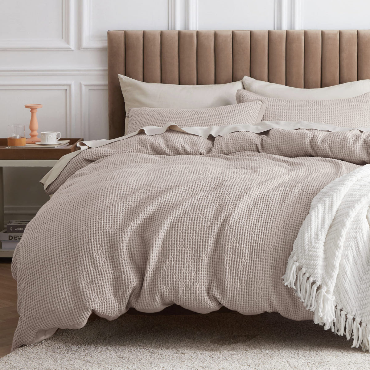 Bedsure Cotton Duvet Cover Queen - 100% Cotton Waffle Weave Linen Color Duvet Cover, Soft And Breathable Queen Duvet Cover Set F