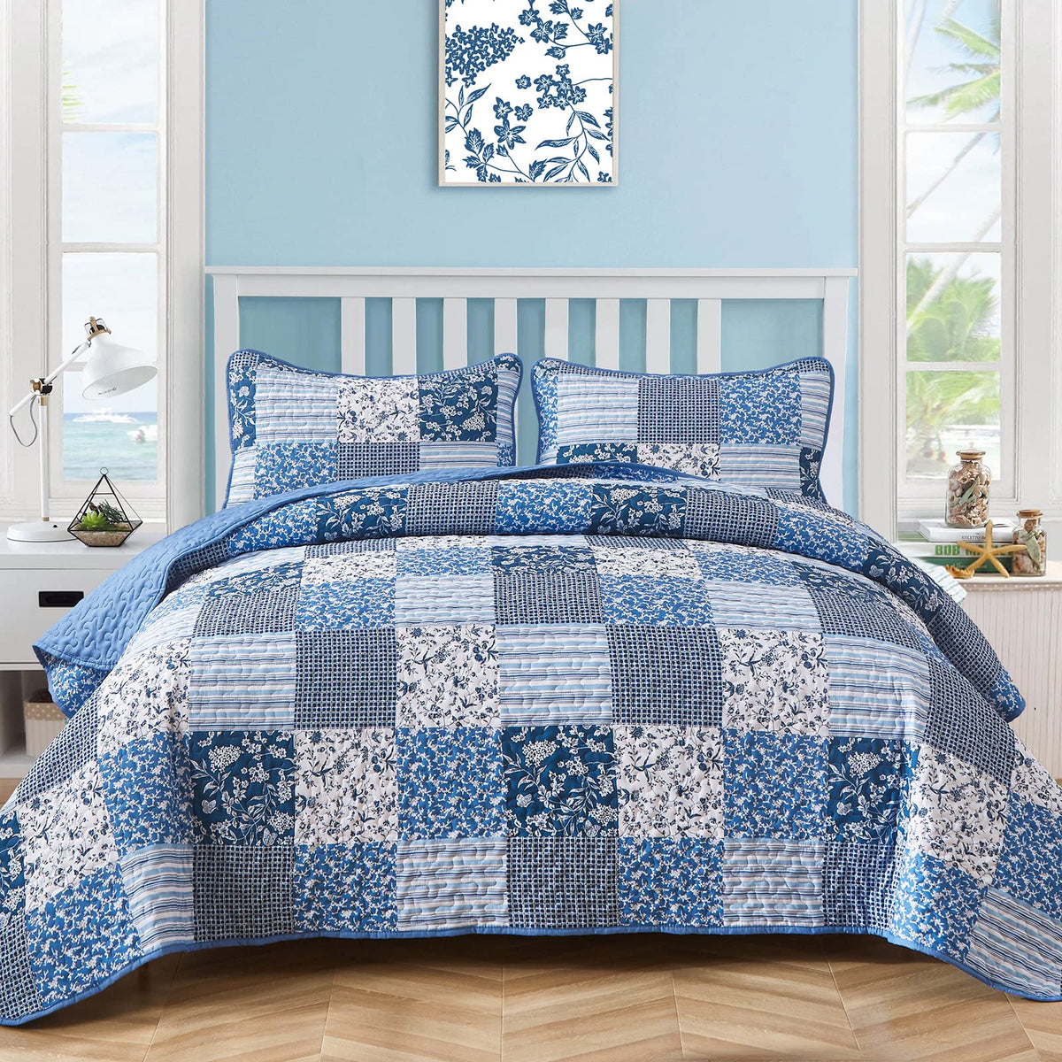 Mybedsoul Blue Boho Quilt Set Queen Size,3 Pieces Plaid Floral Bedspread Coverlet Set For All Season,Patchwork Reversible Beddin