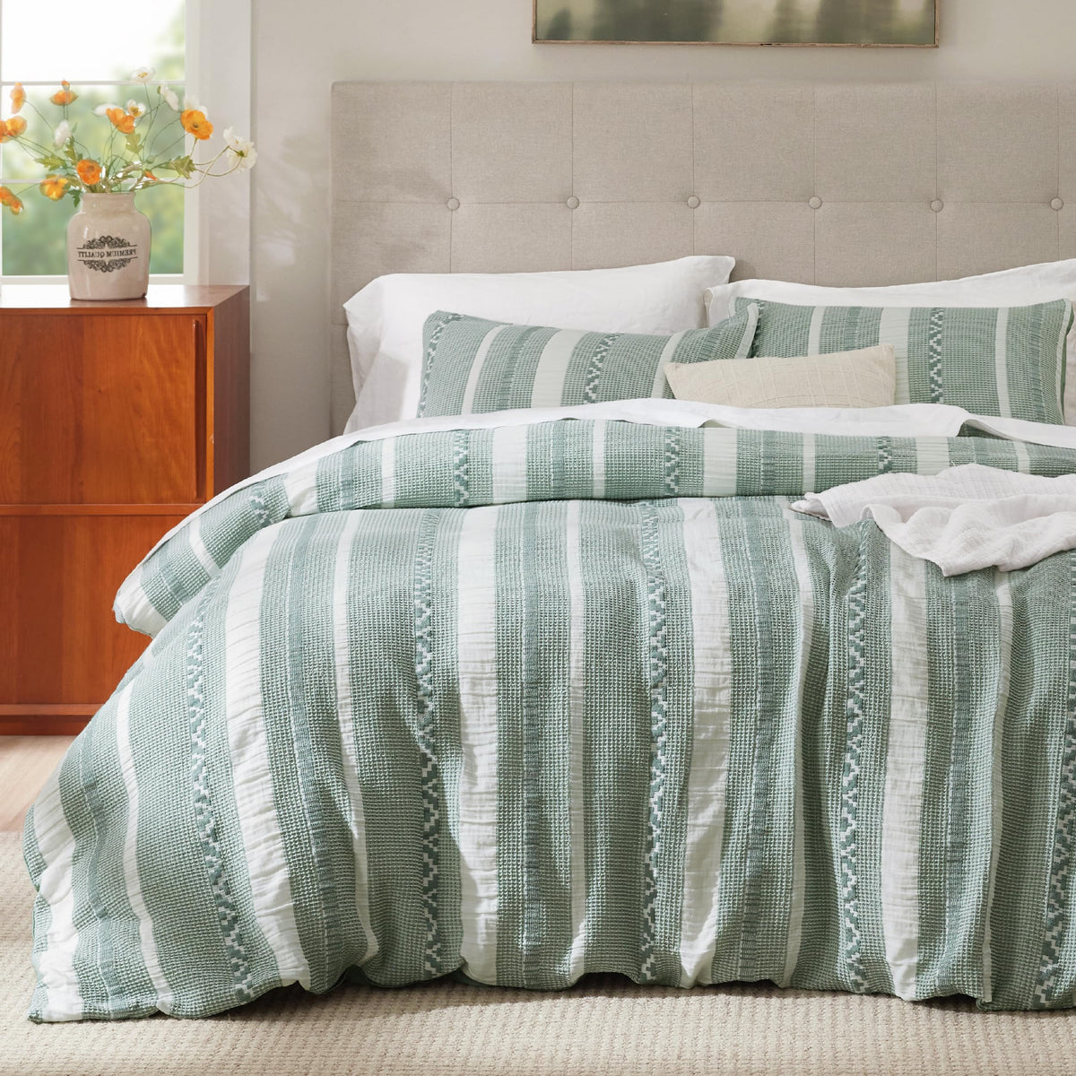 Bedsure Waffle Weave Duvet Cover King - 100% Cotton Boho Duvet Cover With 2 Pillowcases - Green Textured Comforter Cover With Zi