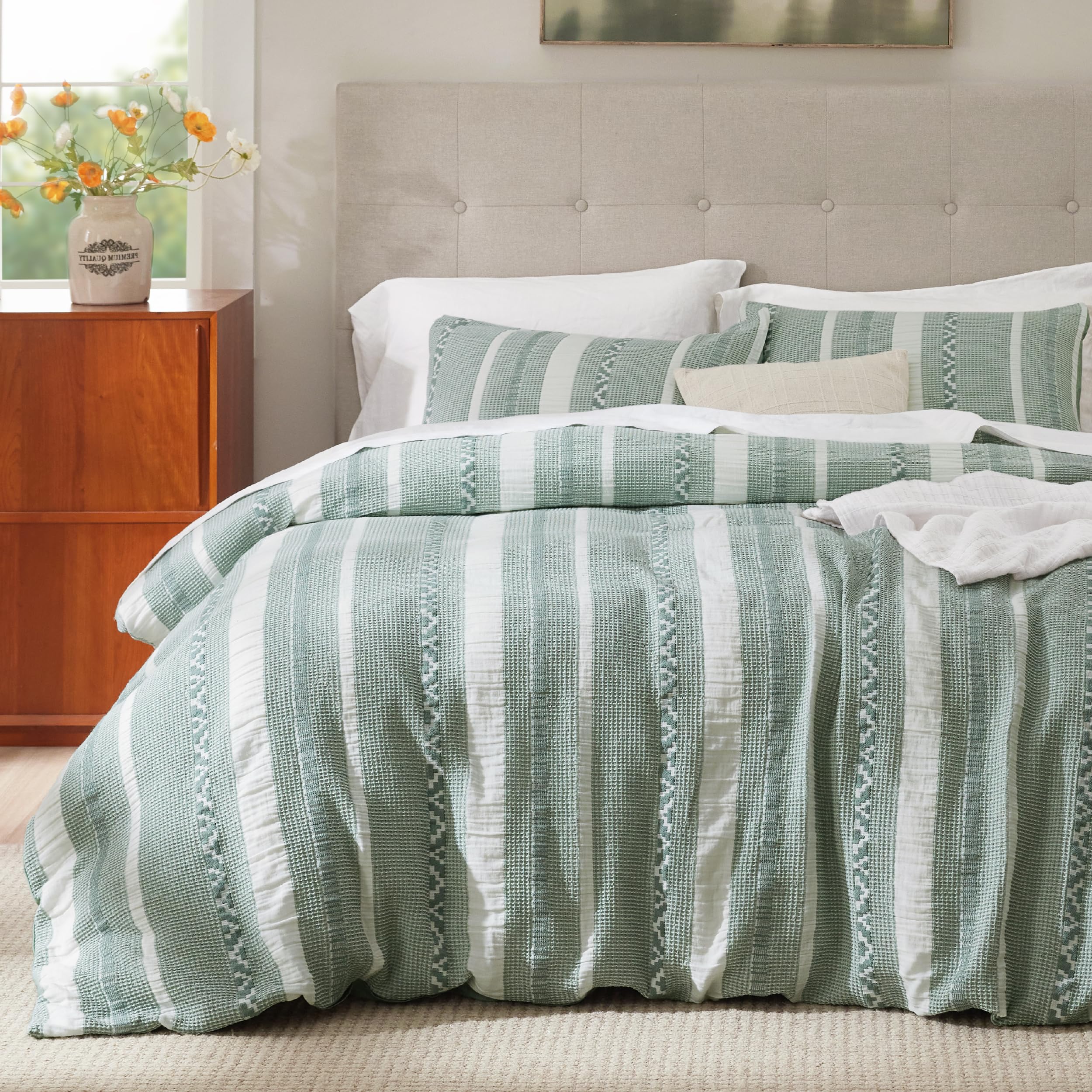 Bedsure Waffle Weave Duvet Cover Queen - 100% Cotton Boho Duvet Cover With 2 Pillowcases - Green Textured Comforter Cover With Z
