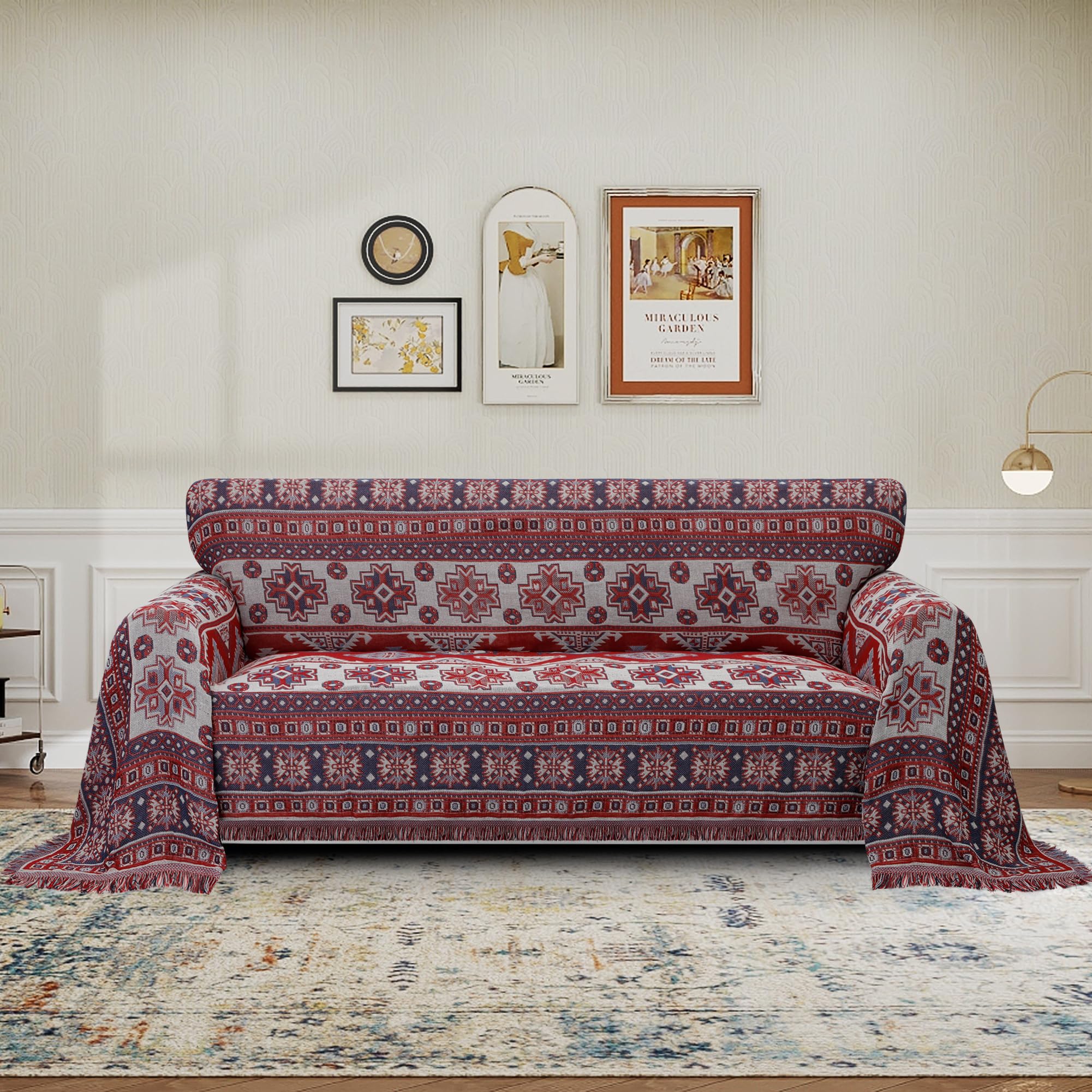 Purefit Geometric Jacquard Throw Sofa Cover - Textured Soft Washable Decorative Couch Covers For 3 Cushion Couch, Throw Cover With Tassels Furniture Protector For Pets, Kids (Large, Bohemia Red)