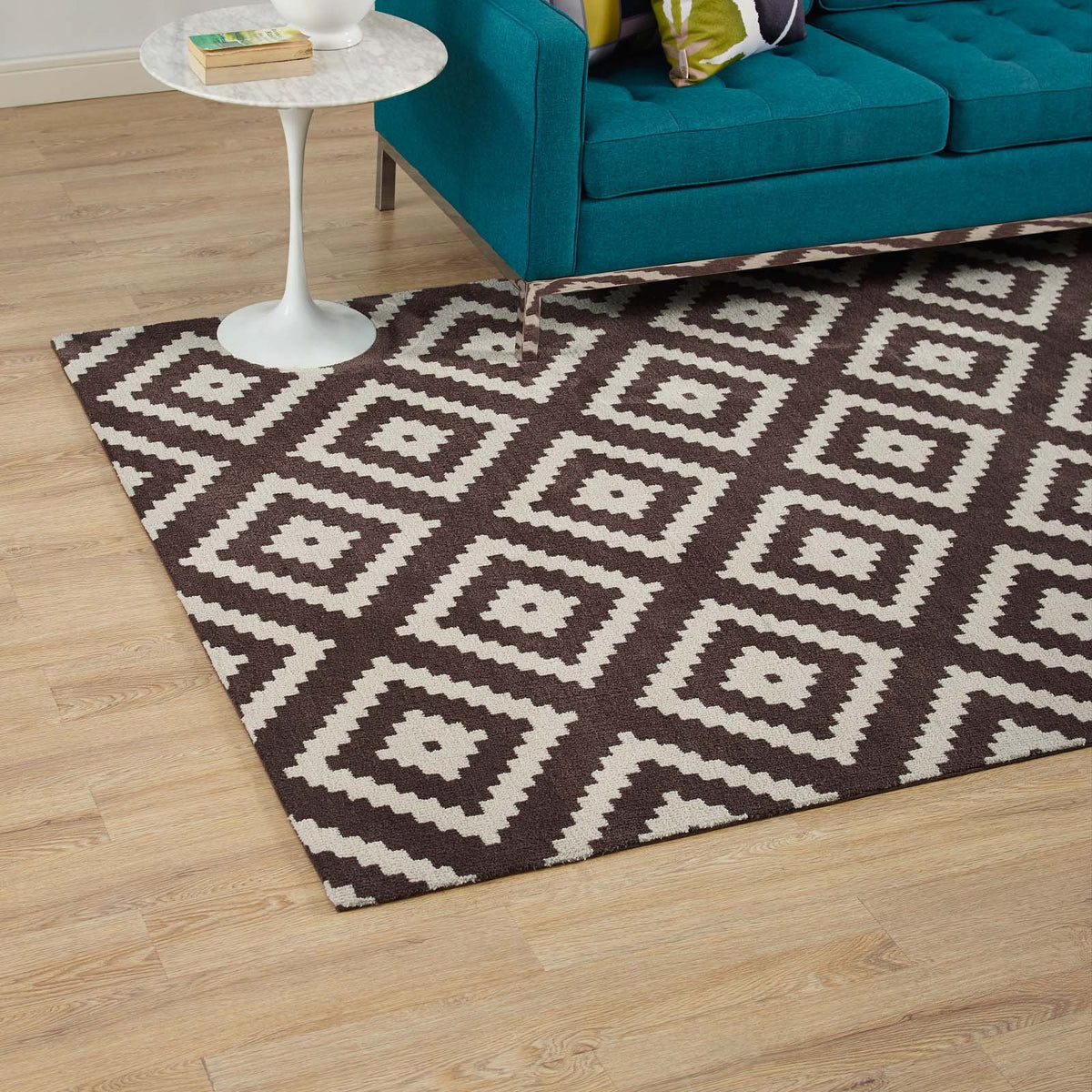 Modway Alika Abstract Diamond Trellis Area Rug, 5X8, Ivory And Brown