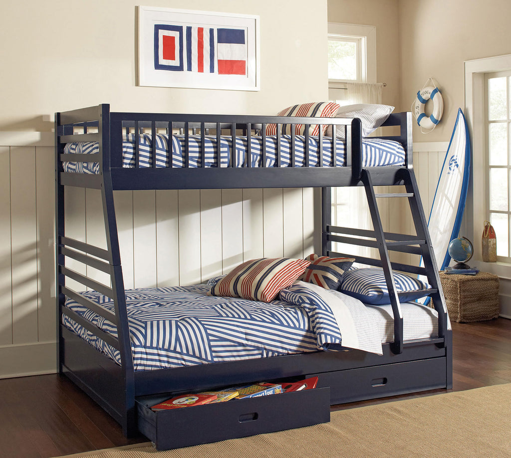 Coaster Home Furnishings Ashton Transitional Wood Twin Over Full Size Bunk Bed Frame with Ladder and Guardrails with Two Storage Drawers Fully Slatted Mattress Ready Foundation Navy Blue 460181