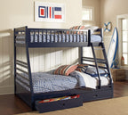 Coaster Home Furnishings Ashton Transitional Wood Twin Over Full Size Bunk Bed Frame with Ladder and Guardrails with Two Storage Drawers Fully Slatted Mattress Ready Foundation Navy Blue 460181