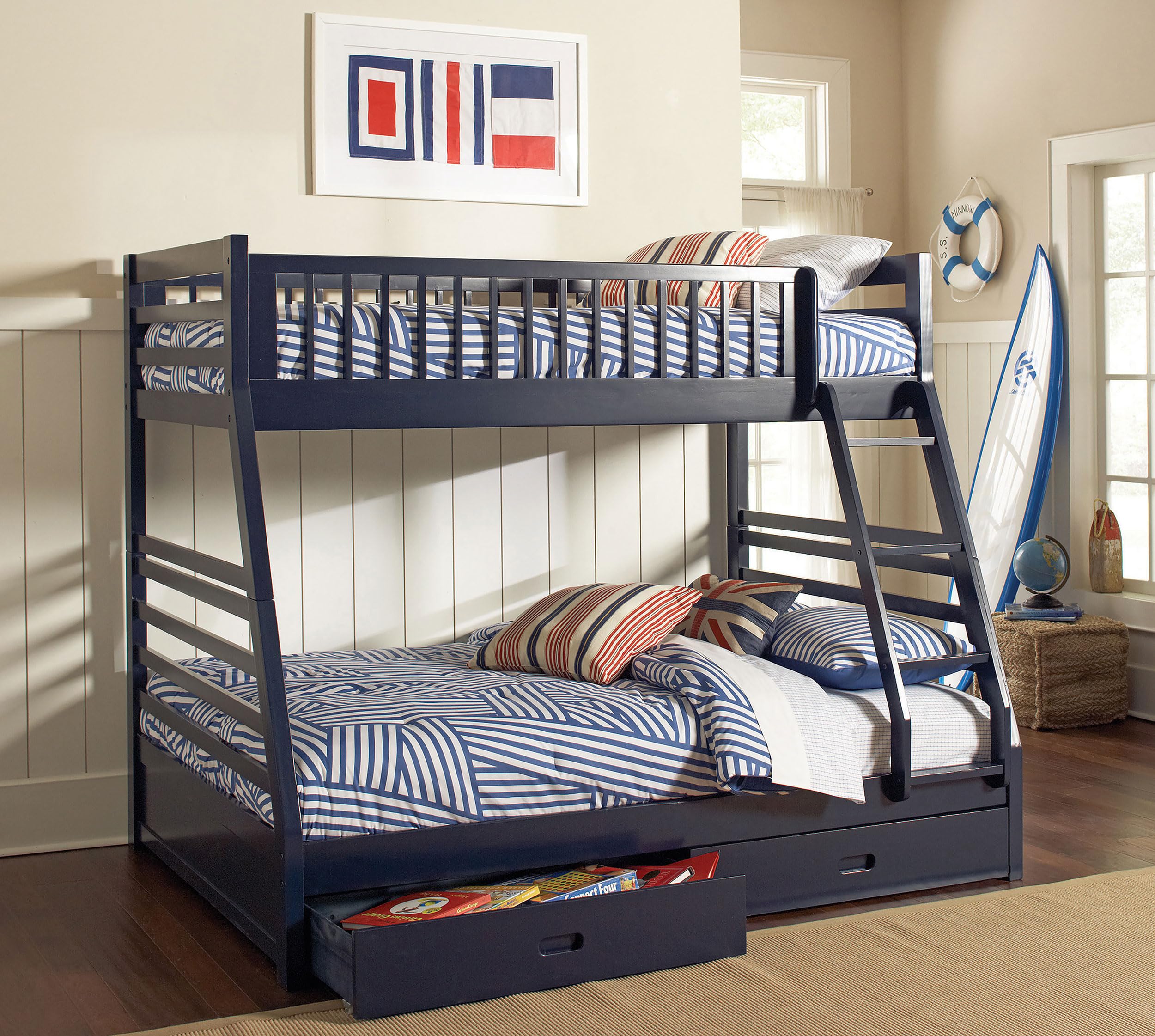 Coaster Home Furnishings Ashton Transitional Wood Twin Over Full Size Bunk Bed Frame with Ladder and Guardrails with Two Storage Drawers Fully Slatted Mattress Ready Foundation Navy Blue 460181